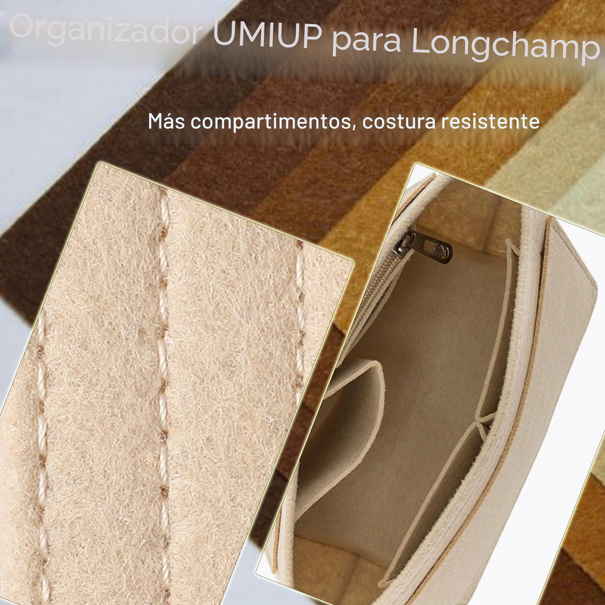 Organizador para bolso Longchamp Le Pliage de tamaño mediano, organizador de bolso de fieltro con portavasos, organizador de bolso con cremallera, 8 compartimentos, beige, L