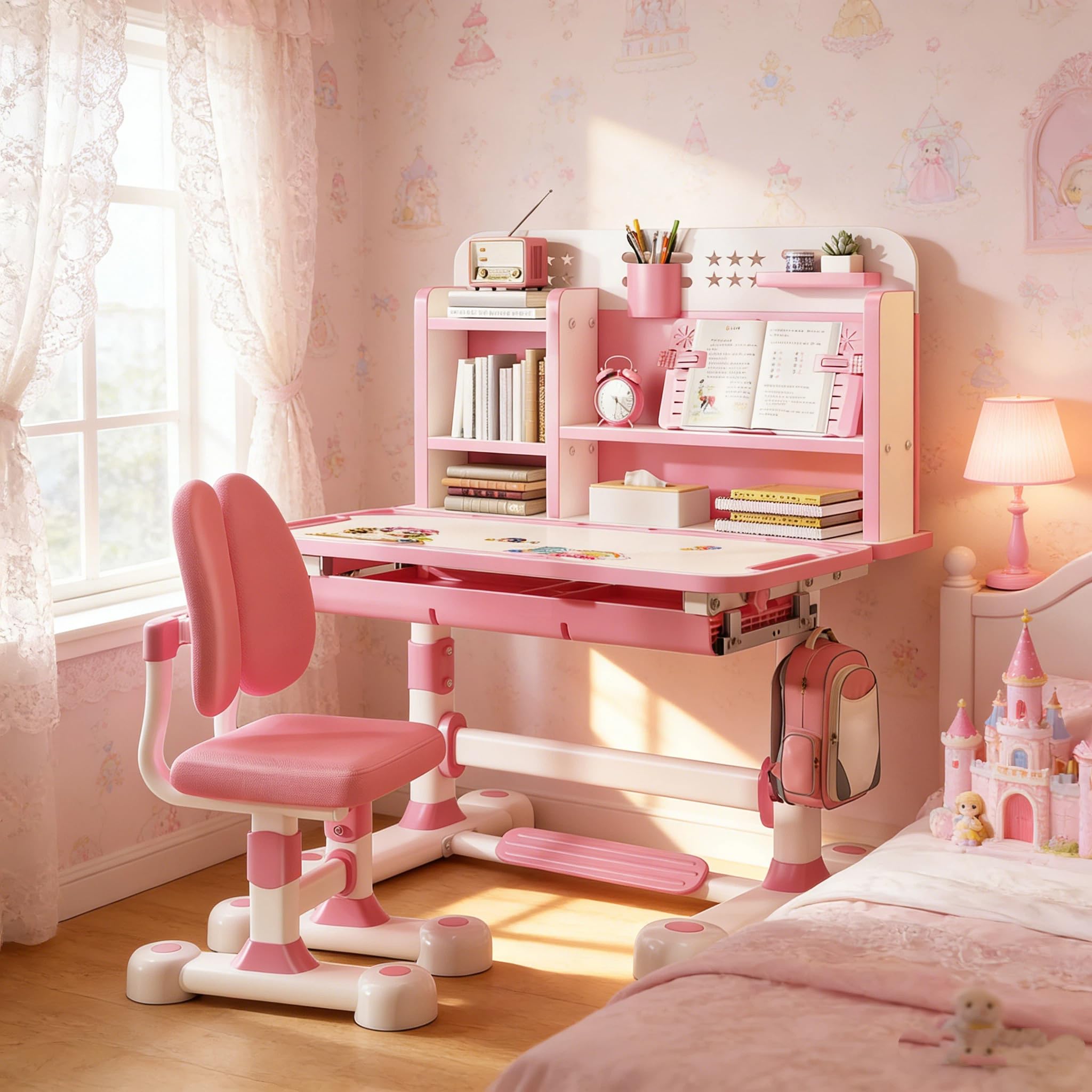 Kids Desk and Chair Set with Posture Corrector, Height Adjustable Ergonomic Study Table for Children 3-18 Years, Dual Back Support Chair, Bookshelf &amp; Storage Drawers, for Bedroom (Pink)