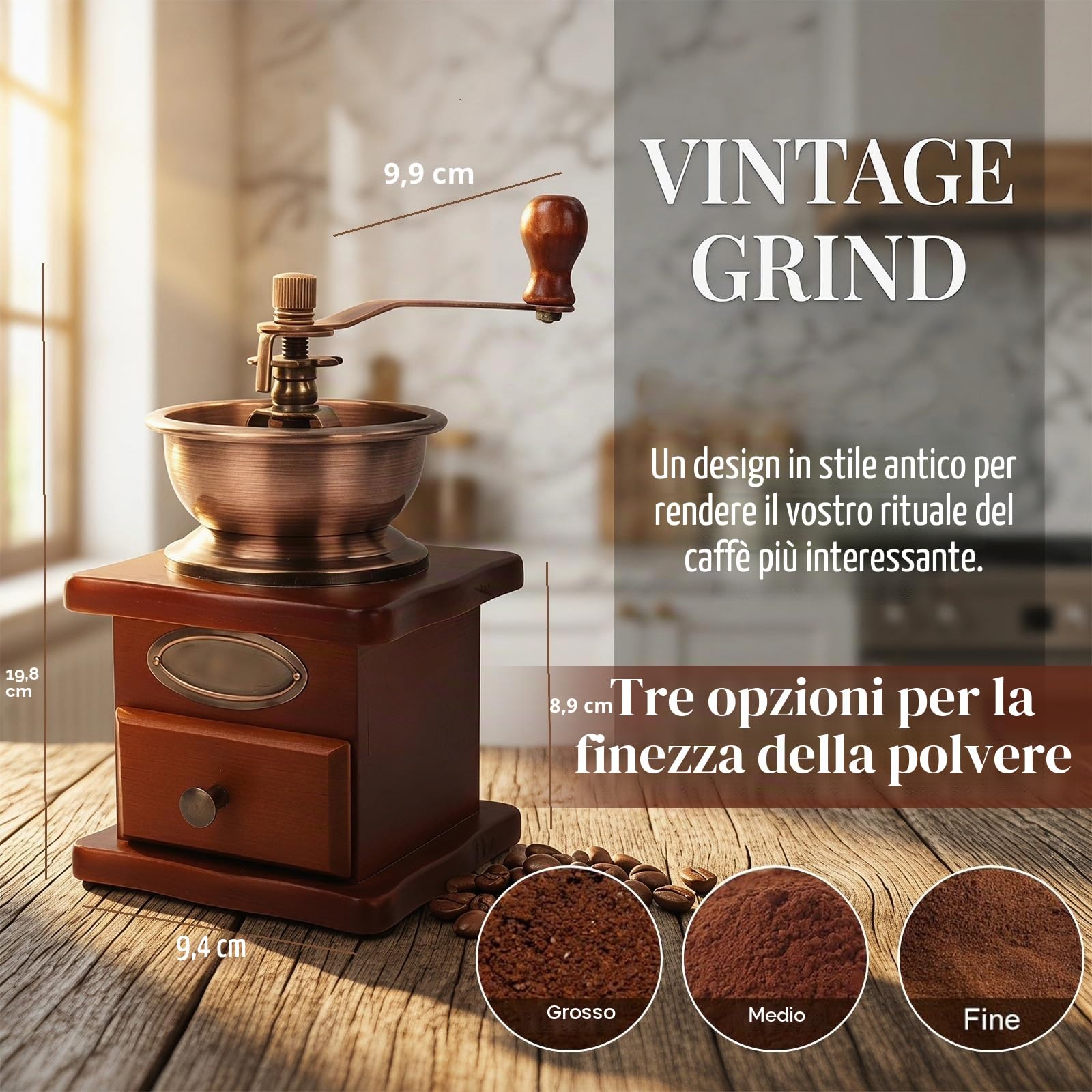 Macinacaffè manuale regolabile Grinder per chicchi di caffè in legno vintage da casa, cucina, ufficio, campeggio, viaggi