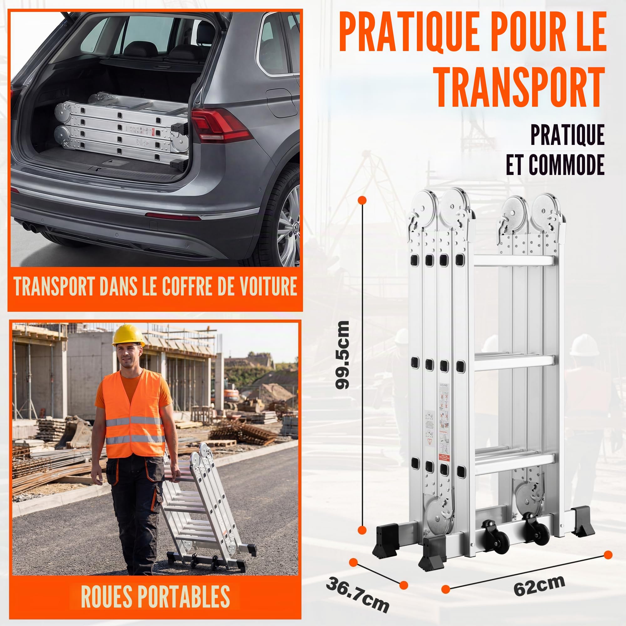 TEENO Échelle Multifonction 7 en 1, 3.6 M, 4x3 marches, Échelle Pliante en Aluminium avec 2 Plateformes, Pieds en Caoutchouc, 2 Roues Amovibles, 12 échelons, Charge Max 150 kg, Argenté