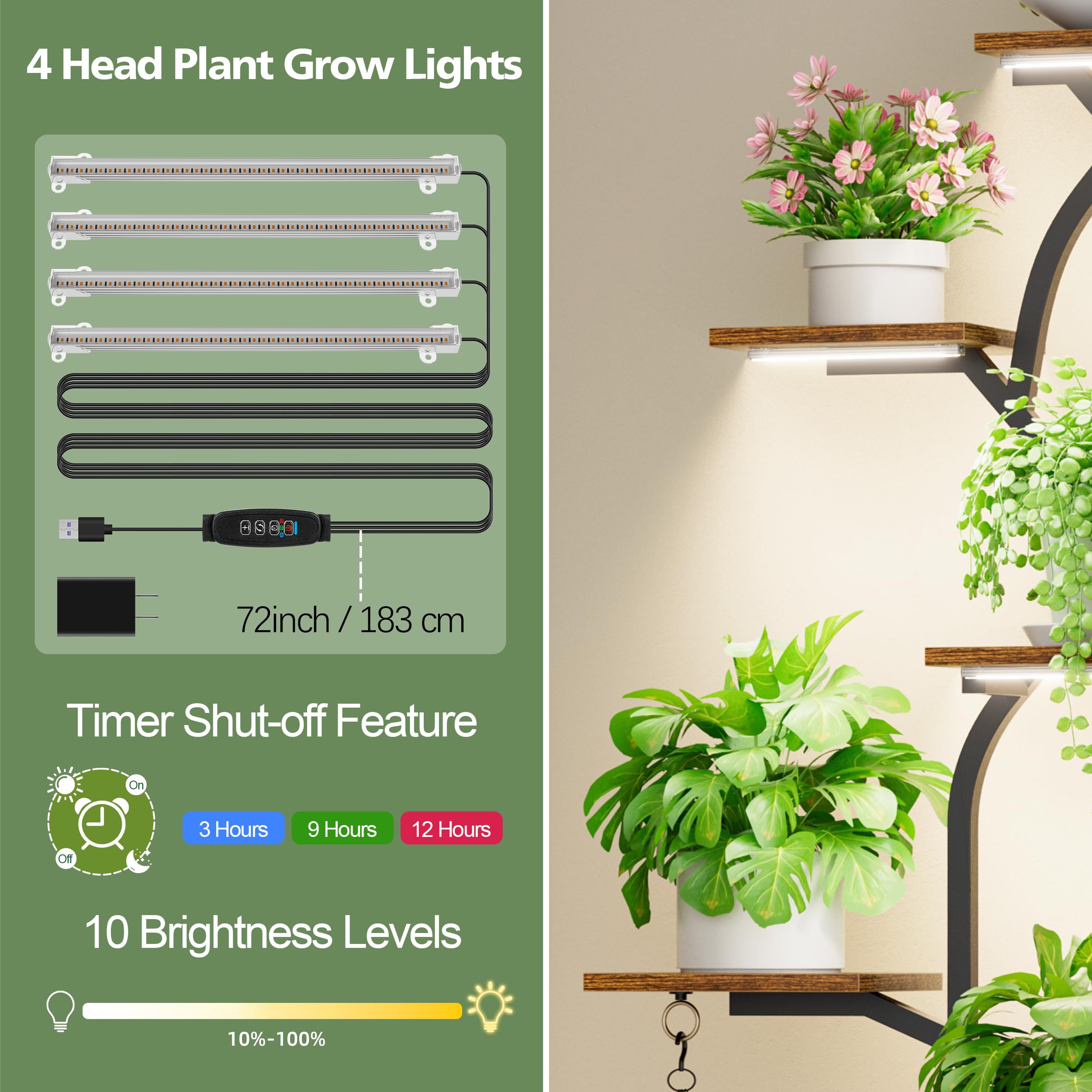 Soporte para plantas de interior con luces de crecimiento, estante de plantas de interior de 7 niveles, soportes de plantas de 64 pulgadas de alto para plantas de interior, estantes de metal 3