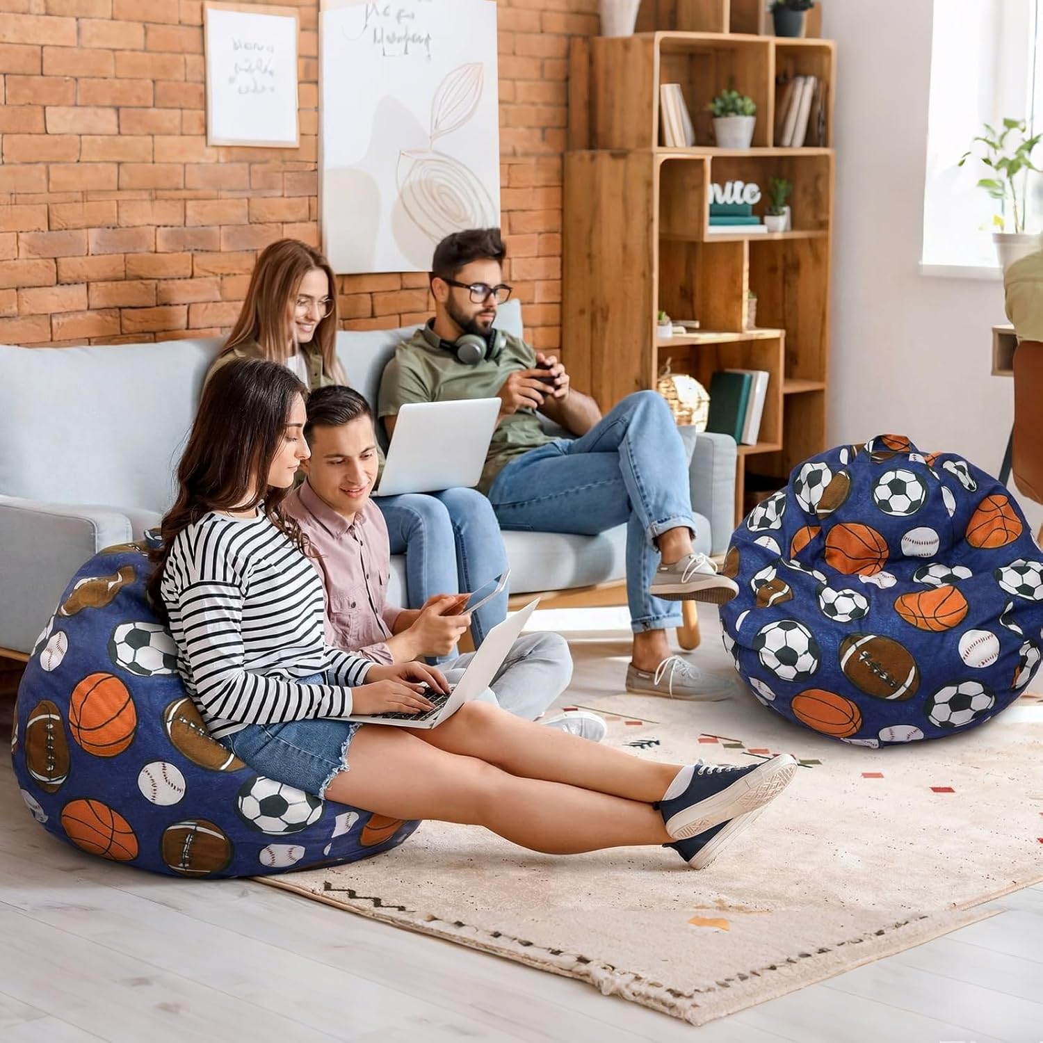 Novabright Stuffed Sports Storage Bean Bag Chair Cover for Teens 2.3 Feet Plush Soft Bean Bag Ball Themed Sofa Organizer with Double Stitched Zipper Washable Kids Room Decoration No Filling