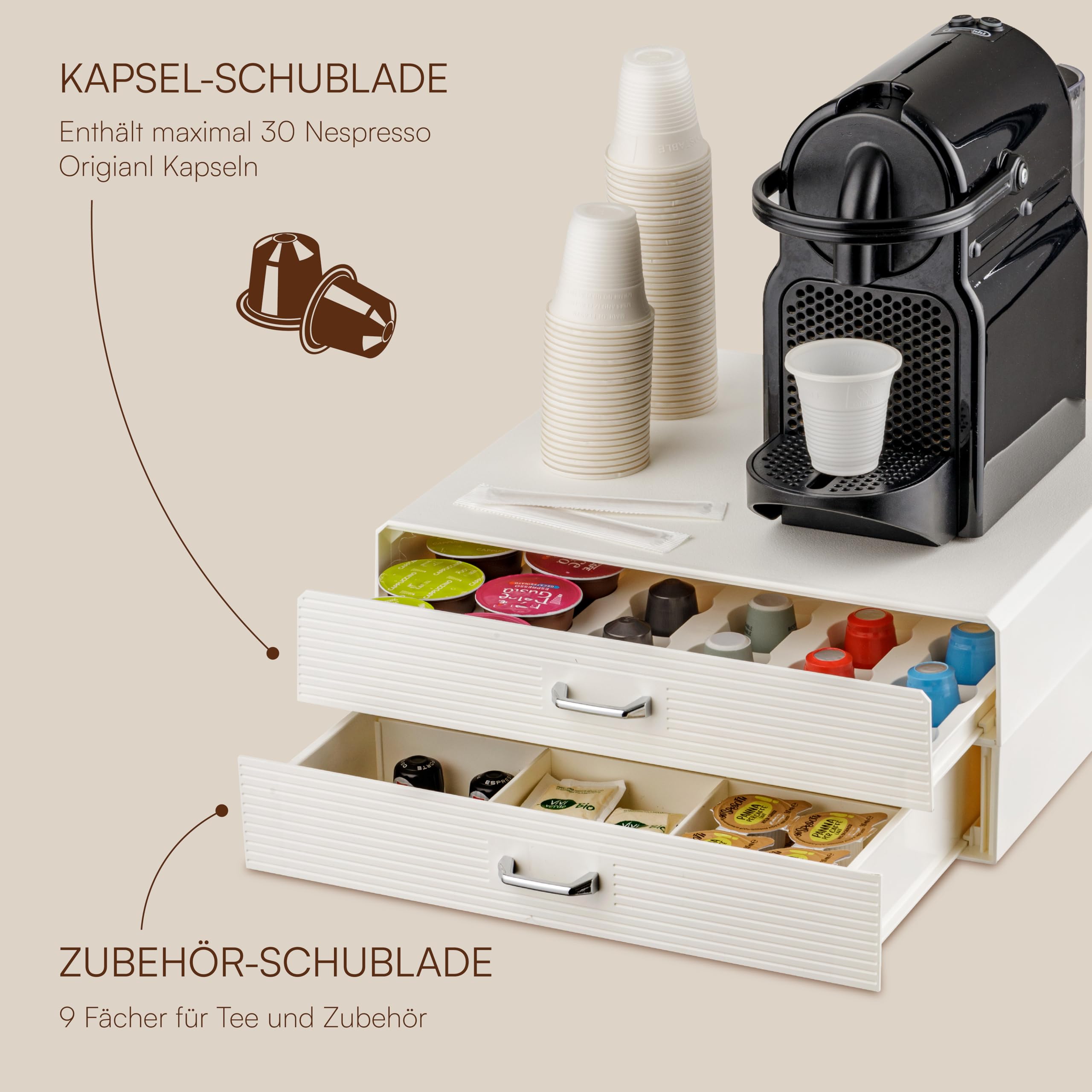 Baroni Home Kaffeekapsel-Schublade, Universeller Organizer für 30 Nespresso und Dolce Gusto, Fach für Tee und Zubehör, Kompakt aus strapazierfähigem Kunststoff, 2 Schubladen, 34x13x34 cm, Schwarz