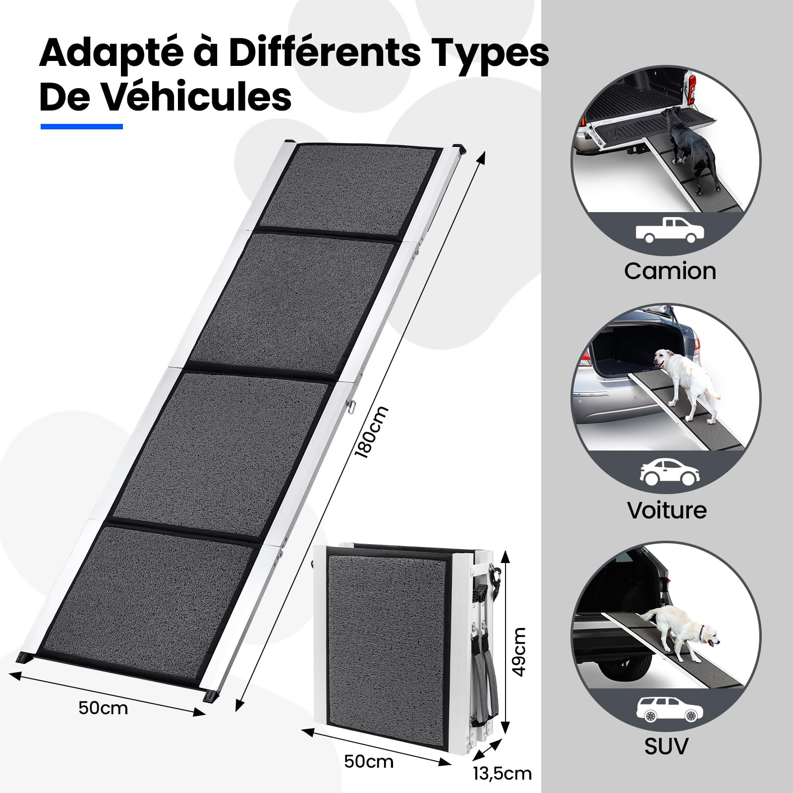 Rampe de Voiture Pliable pour Chien 170 x 44cm, Rampe Portable d'Accès Chien avec Surface Antidérapante, Cadre en Aluminium, Dog Ramp pour Camion Lit Voiture SUV, Légère et Facile à Ranger