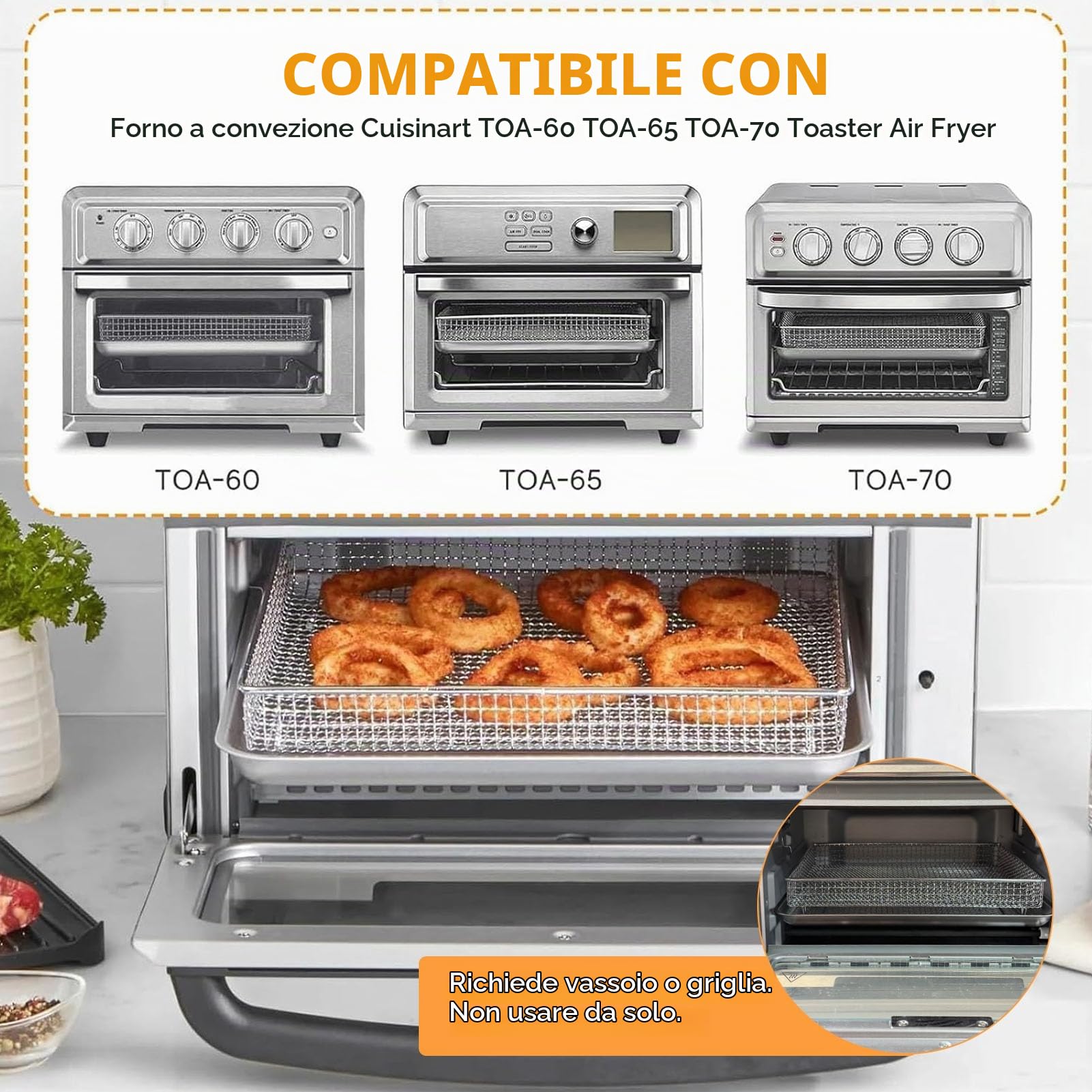 GCQ Cesto in Acciaio Inox per Friggitrice ad Aria, Padella Griglia, Sostituzione per Cuisinart Forno Mini ad Aria 7 in 1 17L TOA-60 65 70, Accessori in Rete, Lavabile in Lavastoviglie