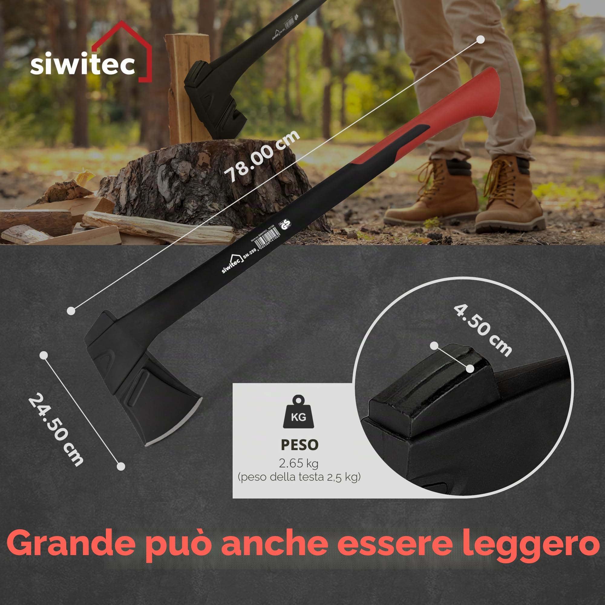Ascia siwitec SN-250 incl protezione della lama, ascia da spacco con peso della testa di 250 grammi, ascia per spaccare il legno con manico in plastica rinforzata con fibra di vetro e lama in carbonio