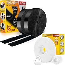 Hook and Loop Tape Roll with Heavy Duty Adhesive Industrial Strength,Strips with Sticky Back 1 Inch x 30 Feet and One Wrap Tape, Fastening Cable Straps, Quick Wrap Cable Straps with carabiners White