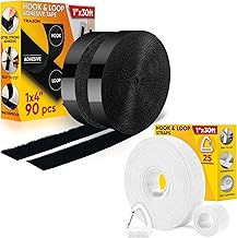 Hook and Loop Tape Roll with Heavy Duty Adhesive Industrial Strength,Strips with Sticky Back 1 Inch x 30 Feet and One Wrap Tape, Fastening Cable Straps, Quick Wrap Cable Straps with carabiners White