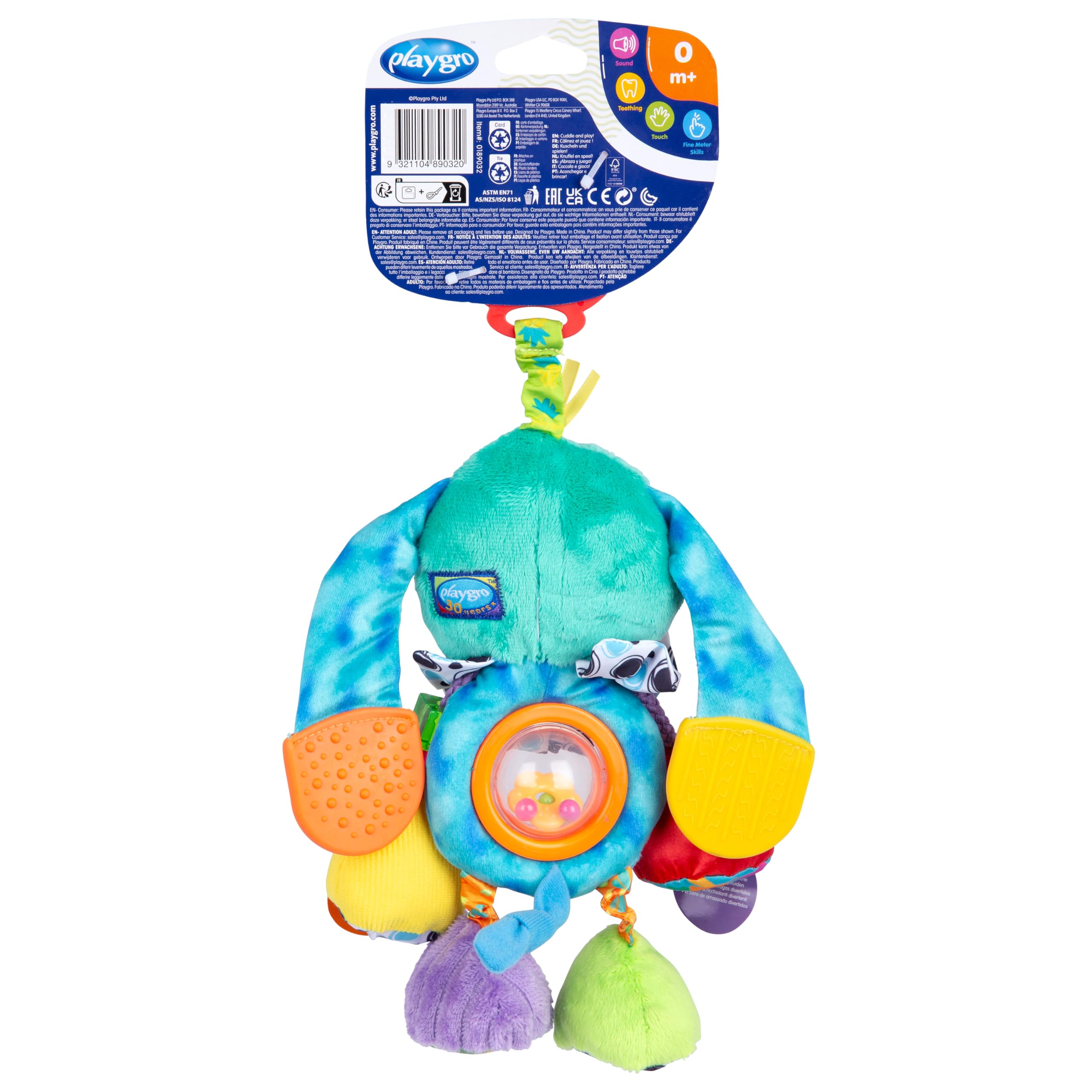 Playgro Activity Friend Doofy Dog, Amico delle Attività Doofy Dog – Peluche Sensoriale con Sonaglio, Massaggiagengive, Colori Contrastanti e Clip Passeggino