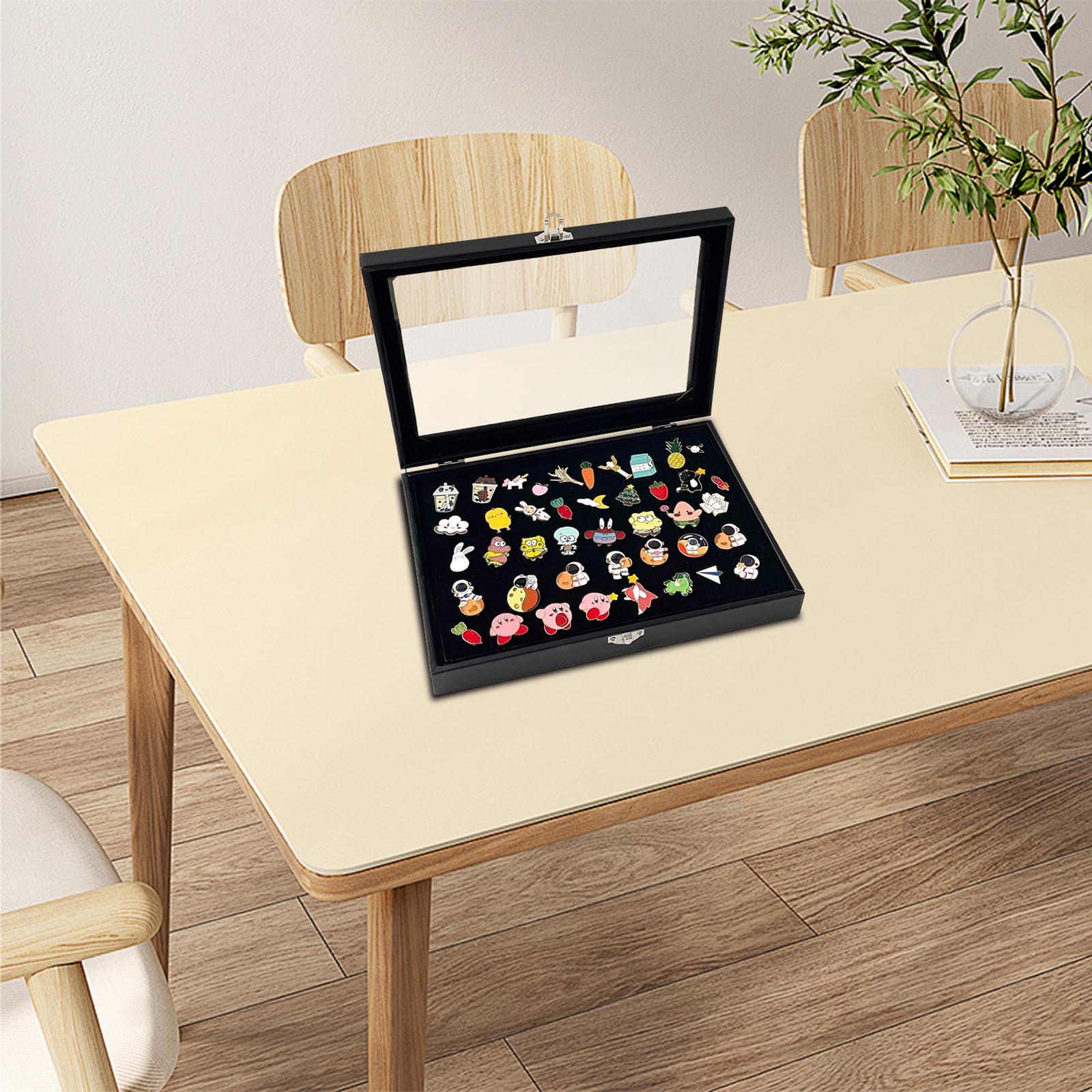 Présentoir à épingles, Présentoir à Badges 35x24x5cm Collectionneur D'épingles En Bois avec Fenêtre Transparente Vitrine Verrouillable pour épingle à Poitrine Médaille Badge Bijoux