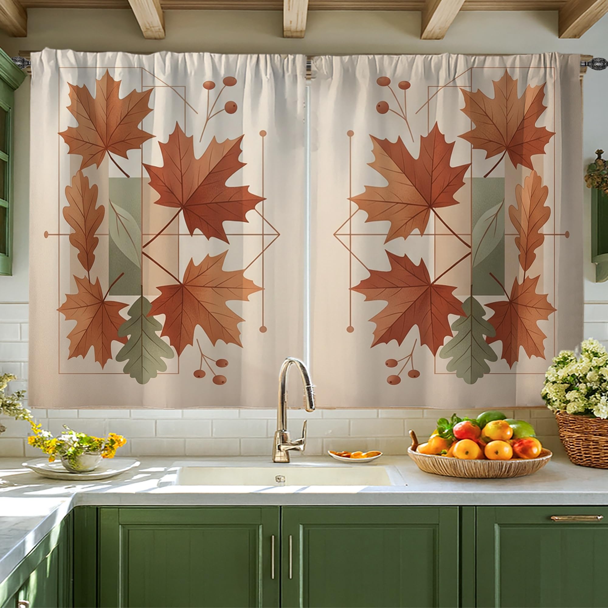 Rideaux de cuisine motif feuille d'érable anti vis-à-vis pour petite fenêtre 106x