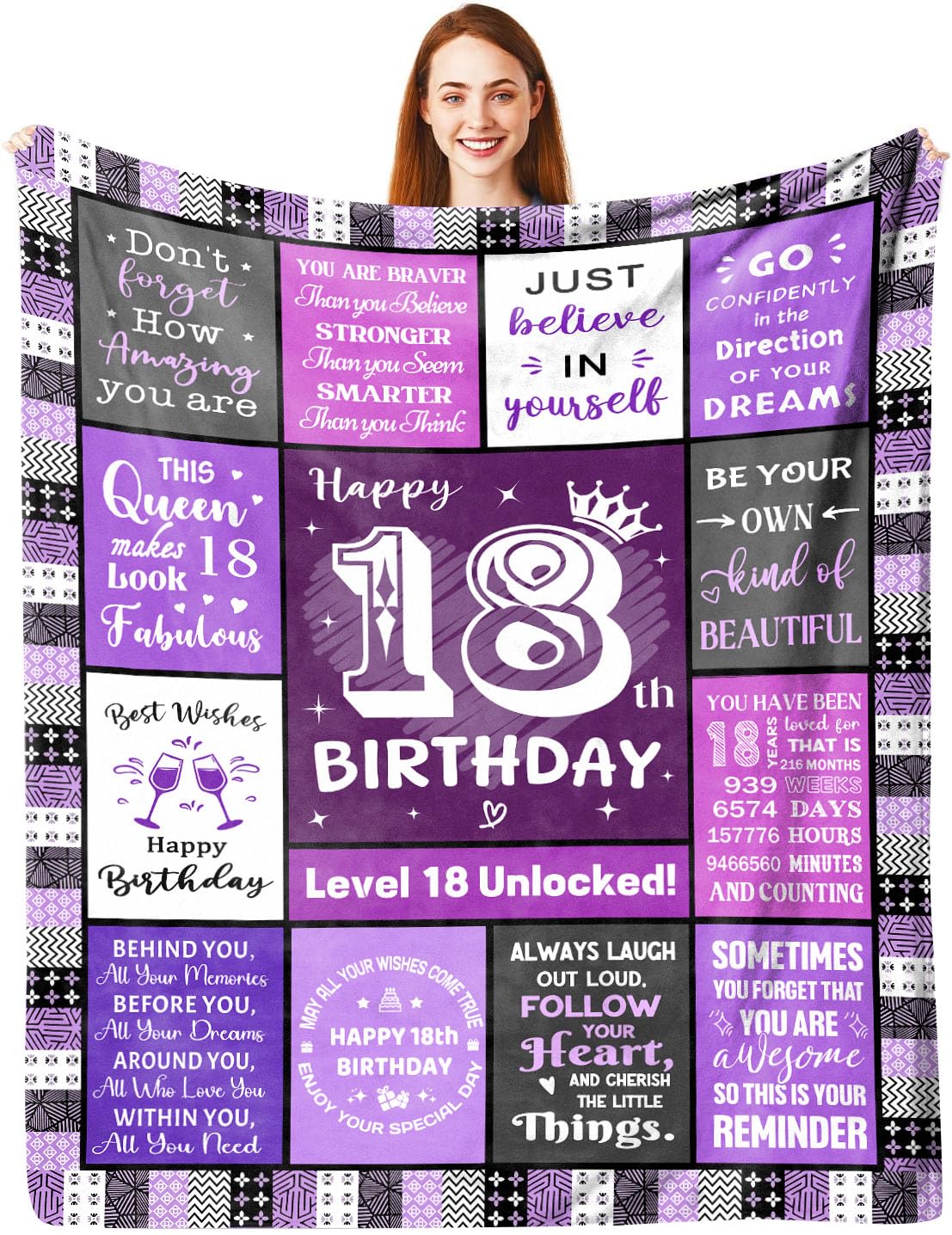 18th Birthday Gifts for Girls 150 x 130 cm | Purple Personalised Girls 18 Year Old Birthday Blanket Gift for Her, Turning 18 Presents Decorations for Sister Daughter Best Friend