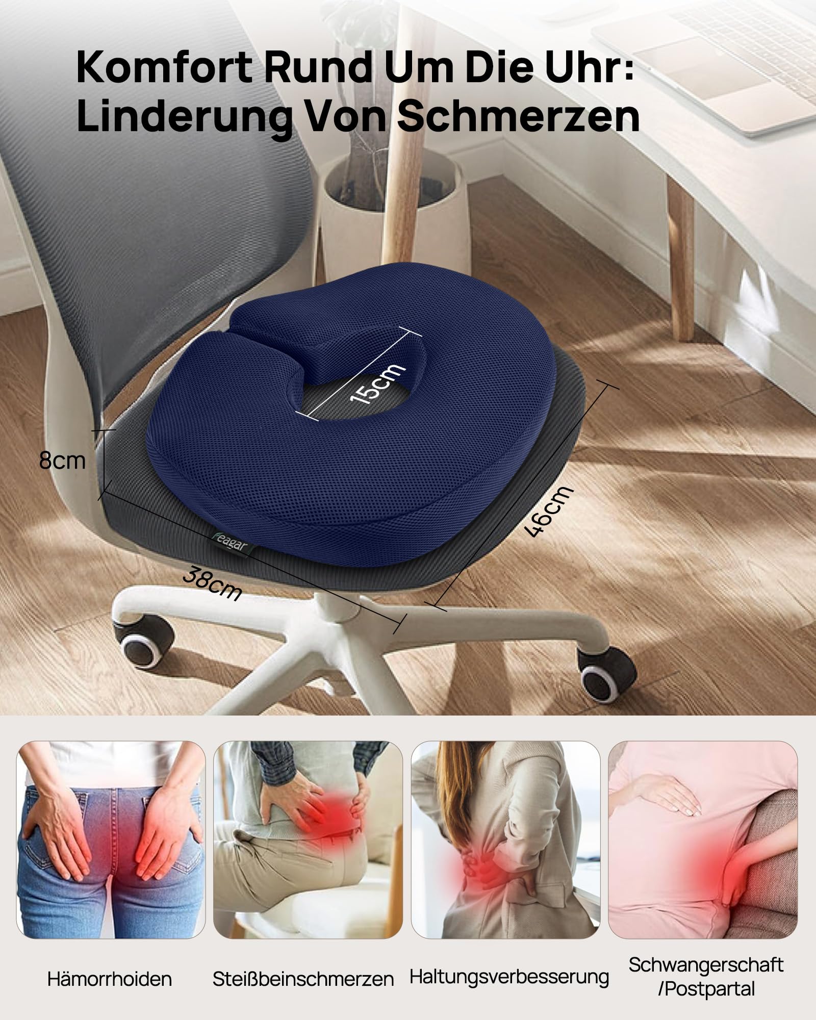 Feagar Cuscino Coxis Emorroidi in Memory Foam Cuscino Sedia Ufficio e Auto Driver Antidecubito con Anello Regolabile, Alleviare la pressione del coccige e Sciatica