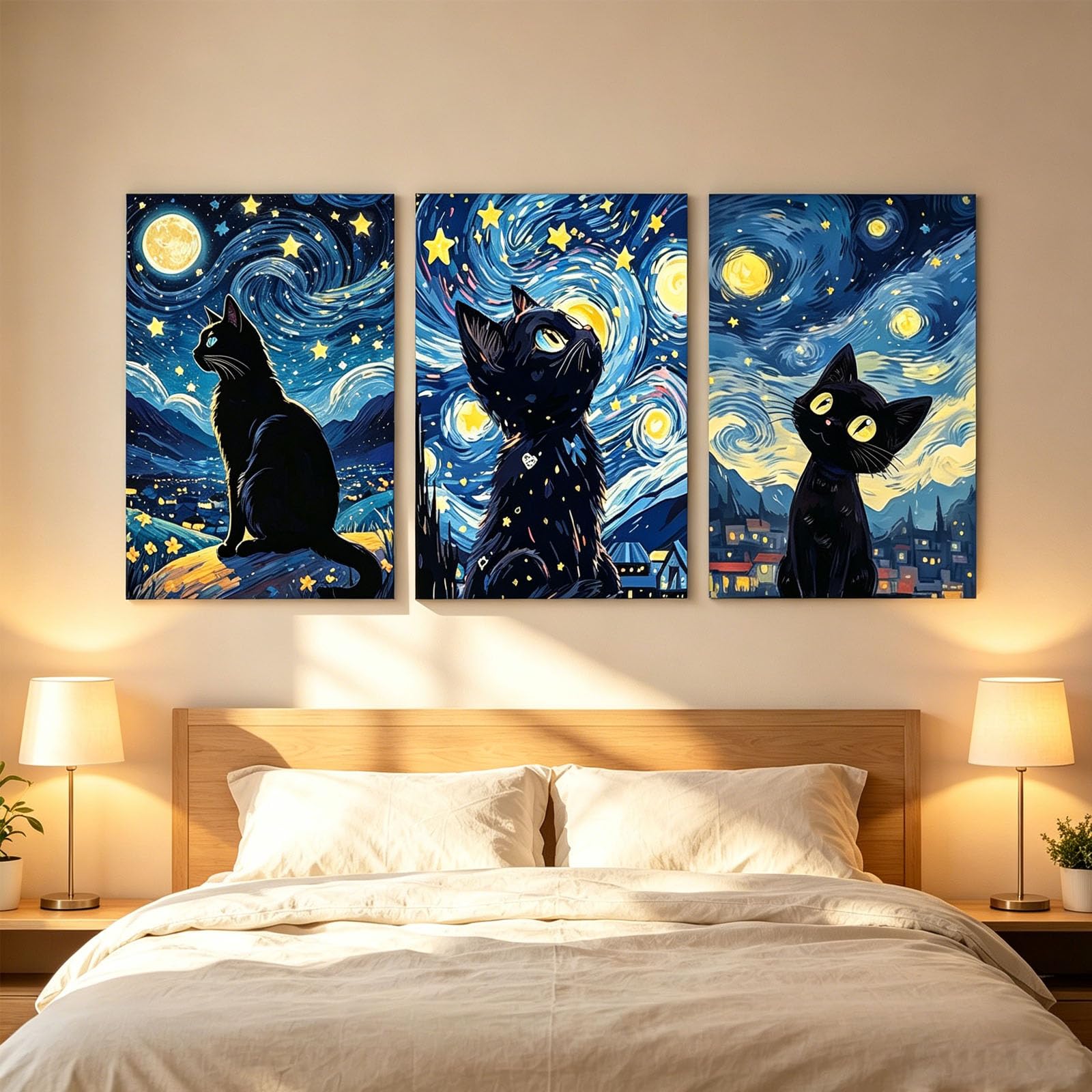 JORCEDI 3-Piece Starry Night Cat Poster Set, Post-Impressionist Style with Black Cat Motifs, Wall Art for Living Room, Wall Decor for Cat Lovers, Unframed (21 * 30cm)