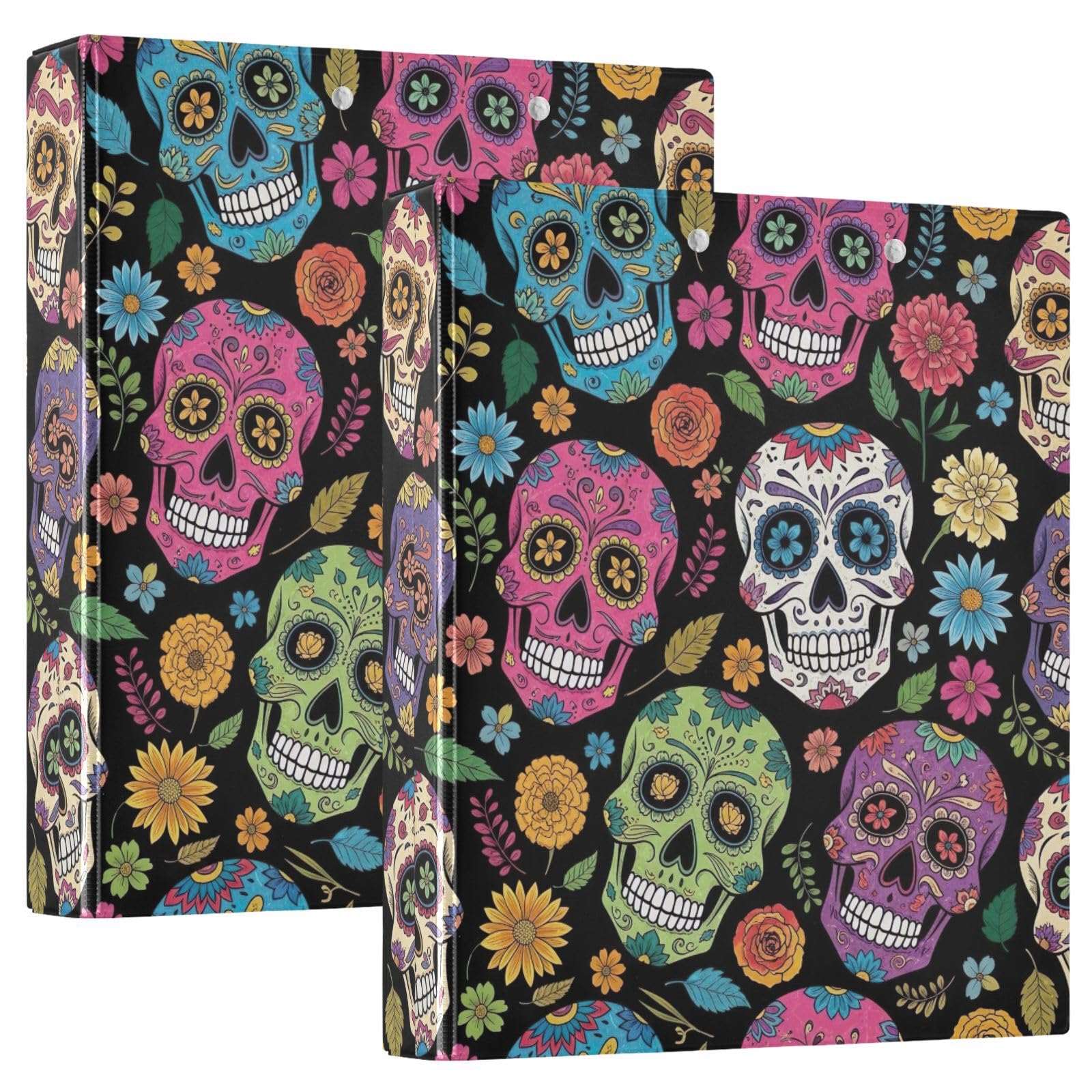 Raccoglitore a tre anelli con teschi colorati e fiori neri, 3,8 cm, confezione da 2