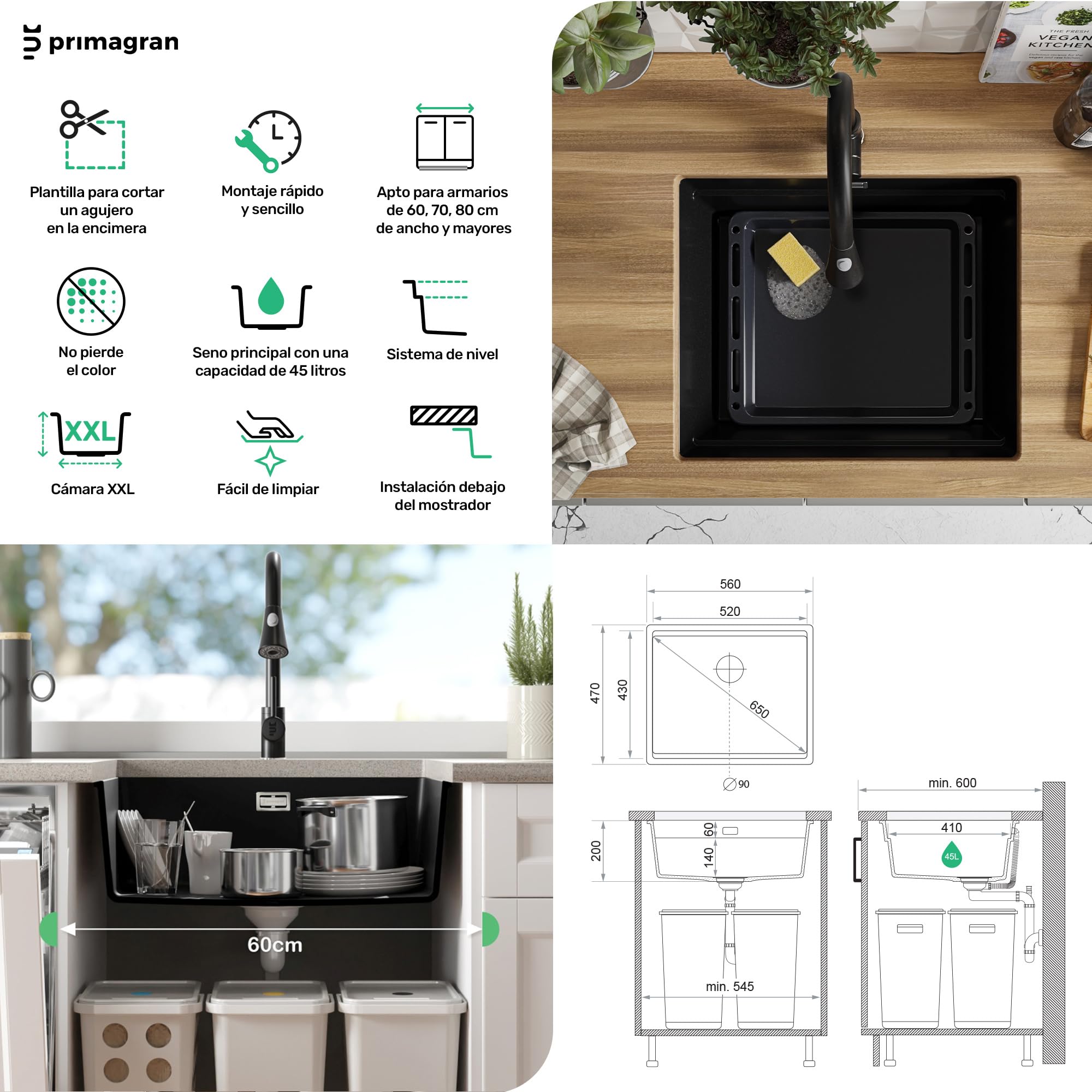 PRIMAGRAN Fregadero bajo Encimera al Mueble 60cm + Kit de desagüe, 56x47cm