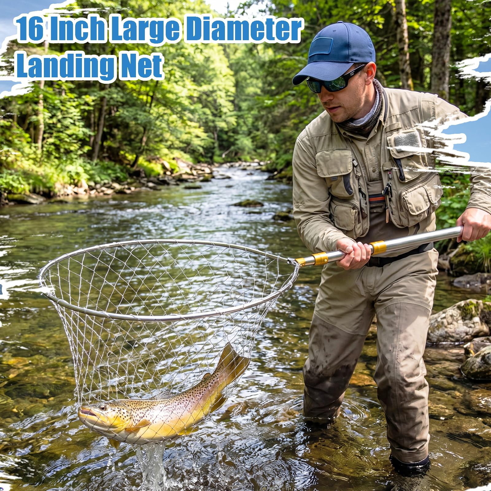 Retino da pesca resistente con manico telescopico in acciaio inossidabile da 200 cm di diametro, guadino pieghevole leggero per spigola, trota, pesce gatto, salmone, Steelhead, barca in