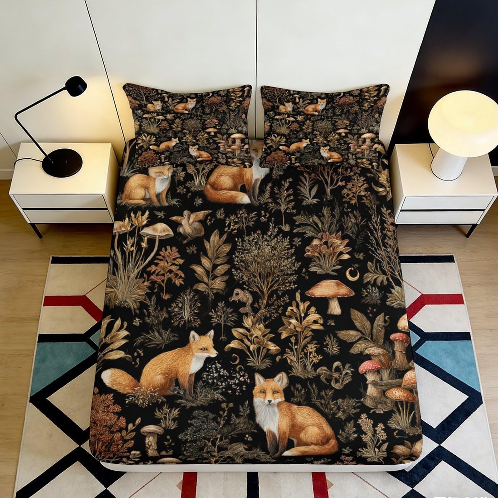 3D Printed Woodland Fox Fitted Sheet Microfiber Soft Forest Mushroom Bed Cover for Bedroom Dorm Decor Protection 90x200x25cm
