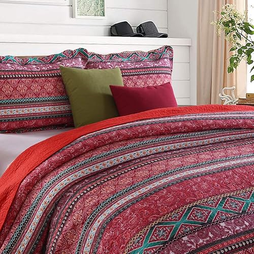 Miniatura 10 de NEWLAKE - Juego de edredón de algodón, juego de cubrecama reversible con diseño de mosaico, patrón bohemio europeo a rayas, tamaño queen