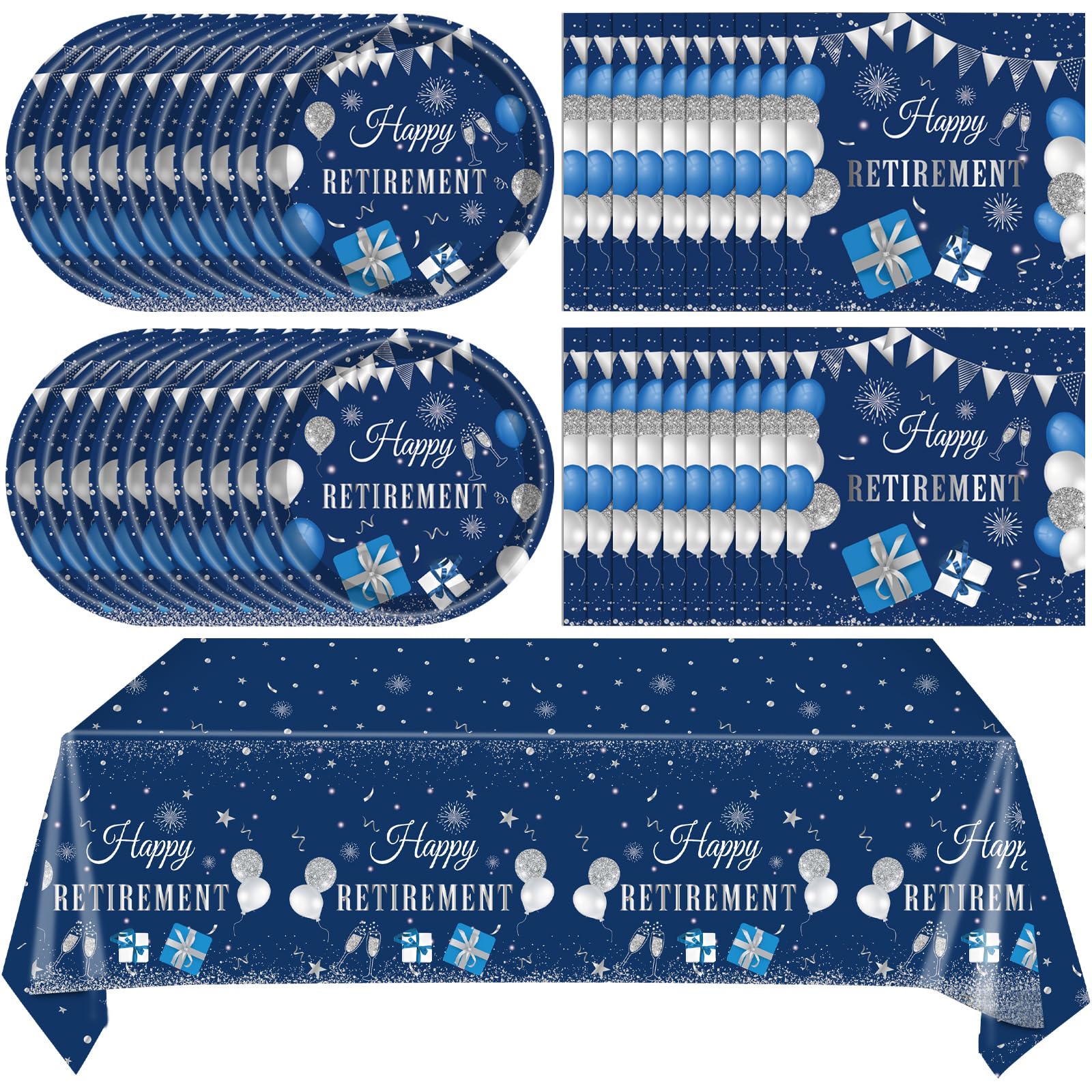 41Pcs Blue Retirement Party Decorations, Happy Retirement Party Supplies Includes 20 Plates, 20 Napkins and 1 Tablecloth, Blue Silver Disposable Dinnerware for Women Men Retirement Party Tableware