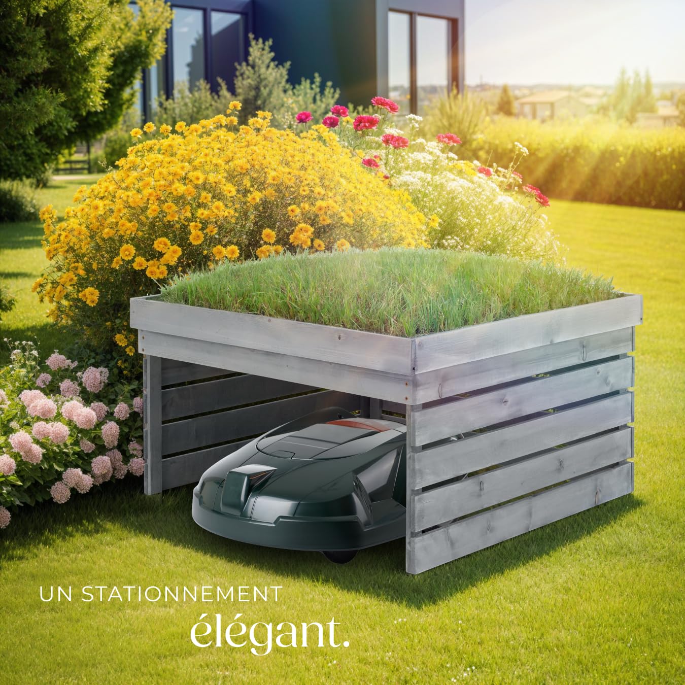 tectake® Abri garage 84x78x46 cm pour Robot tondeuse sans fil périphérique en bois avec Toit végétal bac à plantes bac à fleurs, Rangement jardin pour tondeuse gazon, Résistant aux intempéries & UV