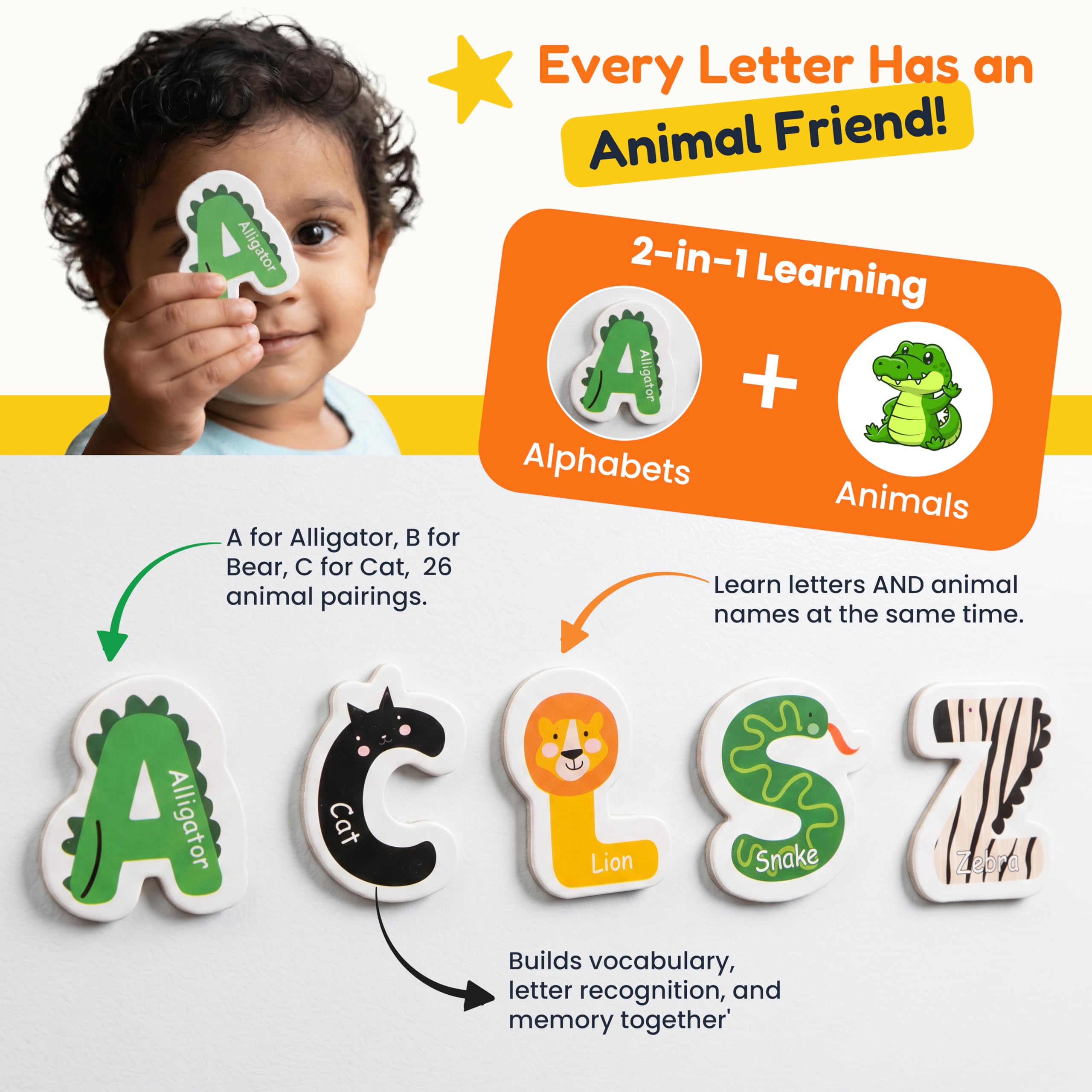 Kidster Magnetic Animal Alphabet Letters – 26 Pcs ABC Fridge Magnets for Kids 1–4 Years | Montessori Educational Learning Toy | Colorful Uppercase Alphabet Spelling Game for Toddlers 2