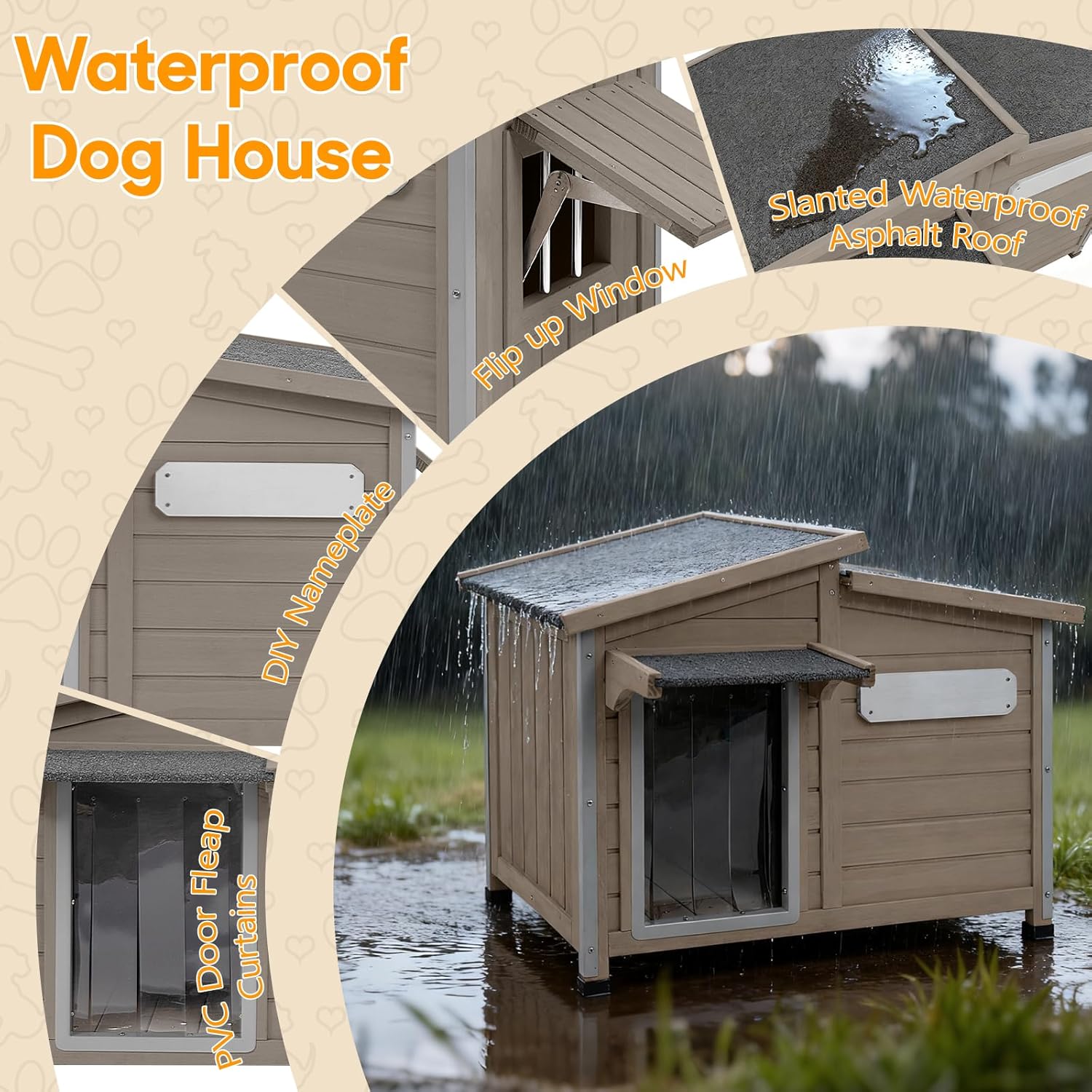 Outdoor Dog House Waterproof for Small to Medium Dogs Breeds with Openable Asphalt Roof, Anti-Chewing Iron Frame, Window, Weatherproof Indoor Outside (34" LX 22" WX 26.5" H)