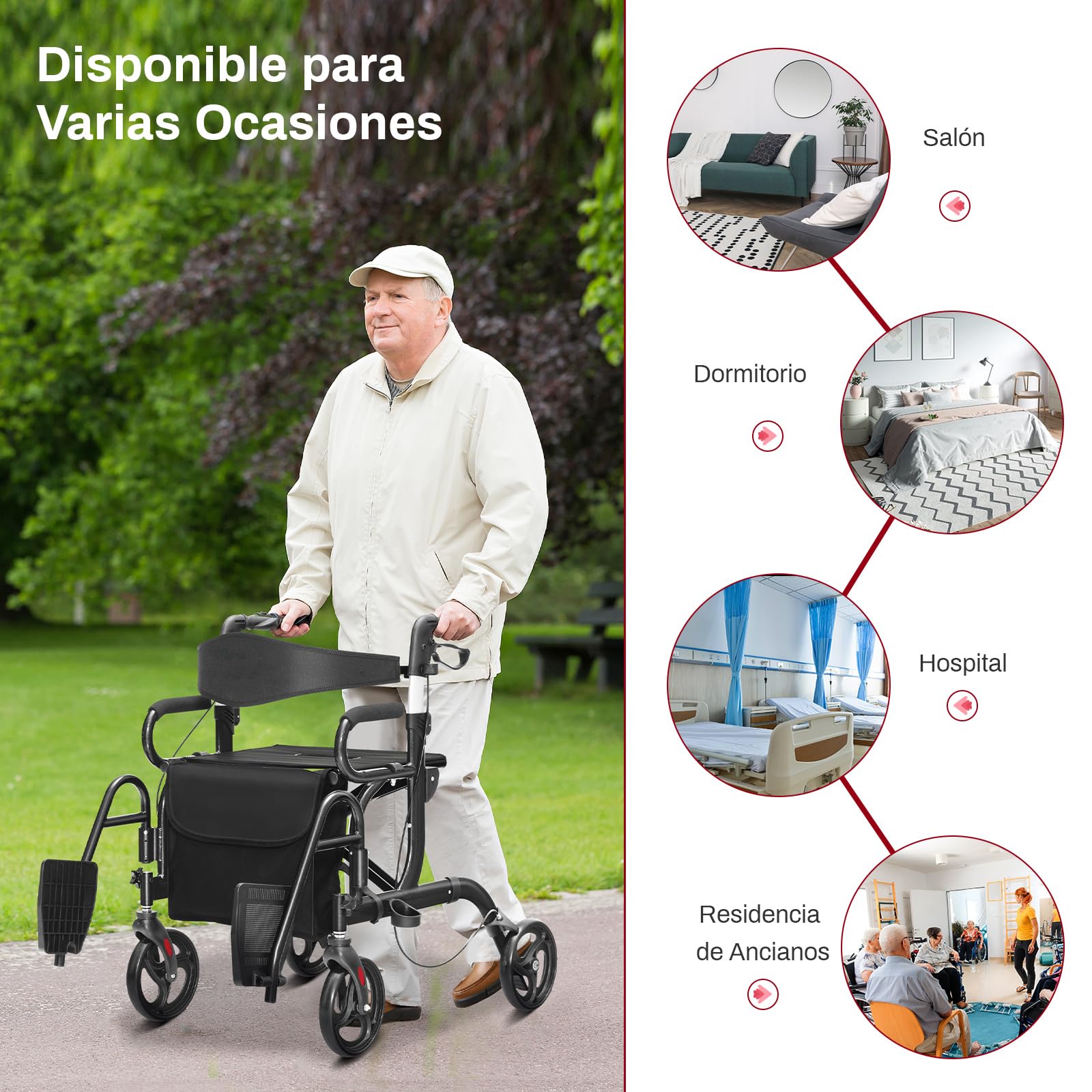 COSTWAY 2 en 1 Andador para Ancianos, Andador Plegable con Asiento, Respaldo Reversible, Mangos Ajustables, Ruedas PVC, Silla Transporte de Aluminio con Reposapiés y Bolsa Desmontable (negro)