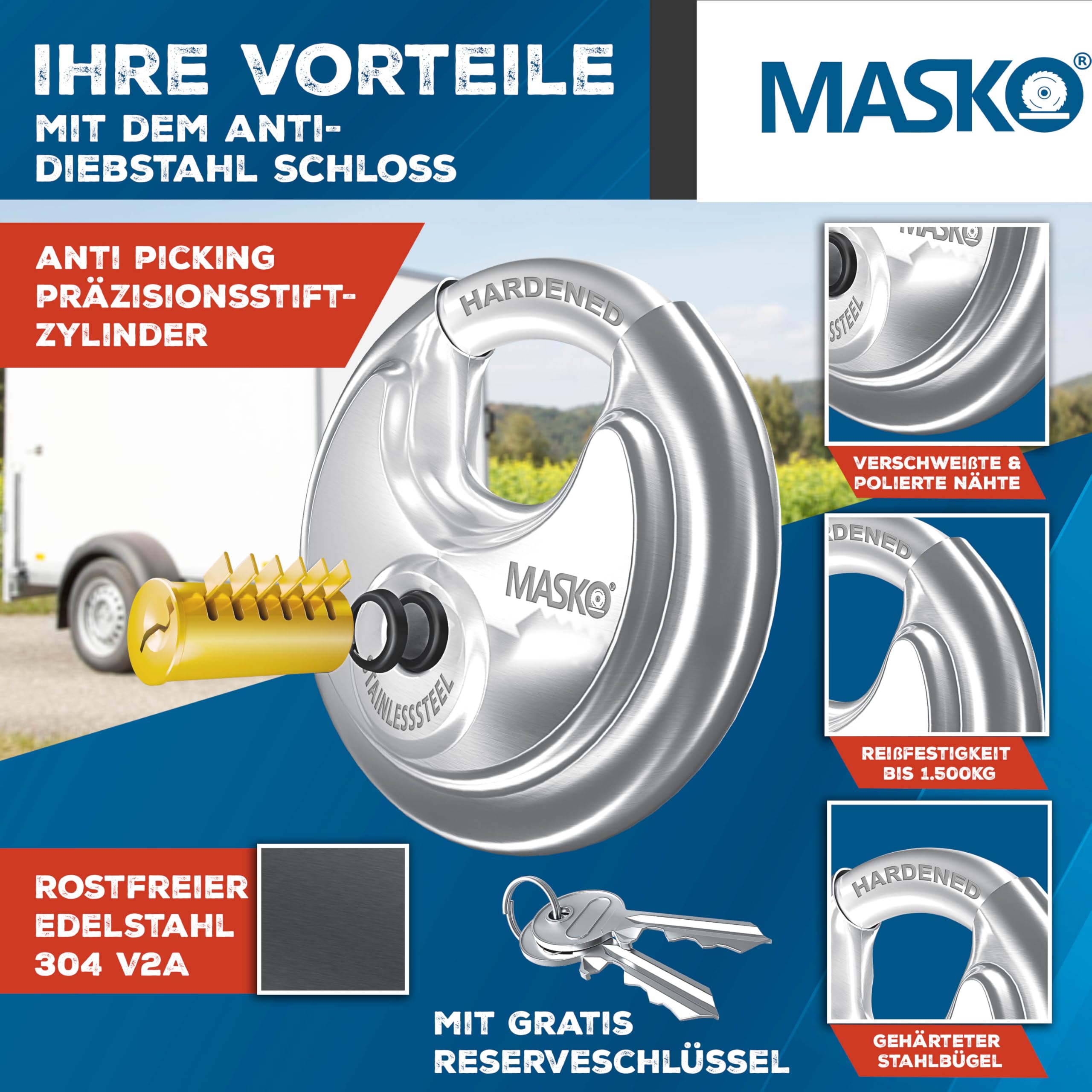 MASKO® Serratura per Rimorchio Con Sistema a Innesto - Agganciato e Sganciato, Protezione Antifurto, incl. Serratura a Disco, Chiave e Cappuccio di Protezione, Antracite