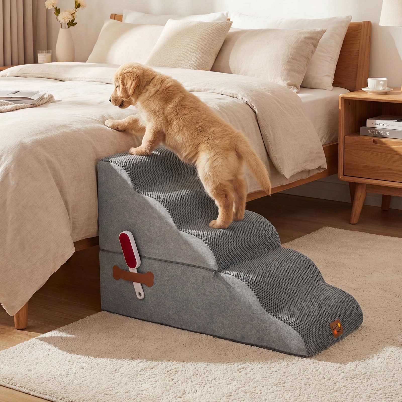 COSTWAY Escalera para Perros 4 Peldaños de Espuma, Rampas Rerros Transformables de Alta Densidad con Base Antideslizante, Funda Lavable, Rodillo Quita Pelusas, para Sofás y Camas (85 x 40,5 x 56 cm)