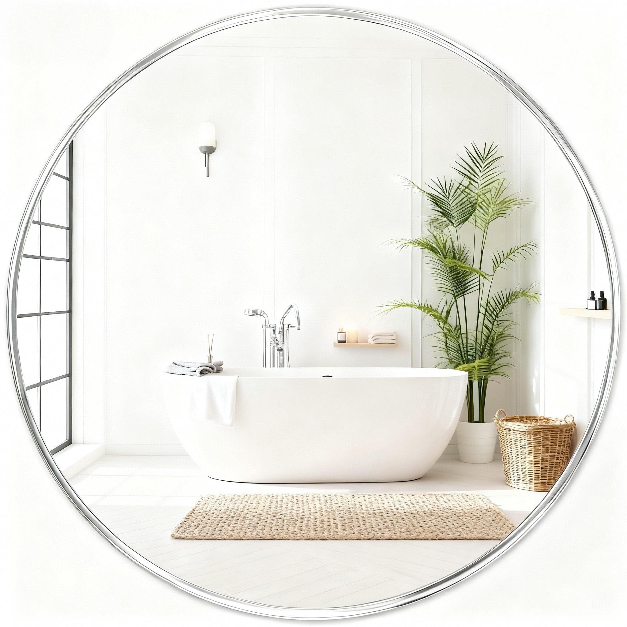 Silver Round Mirror 22 Inch, Wall Circle Mirror for Bathroom, Brush Chrome