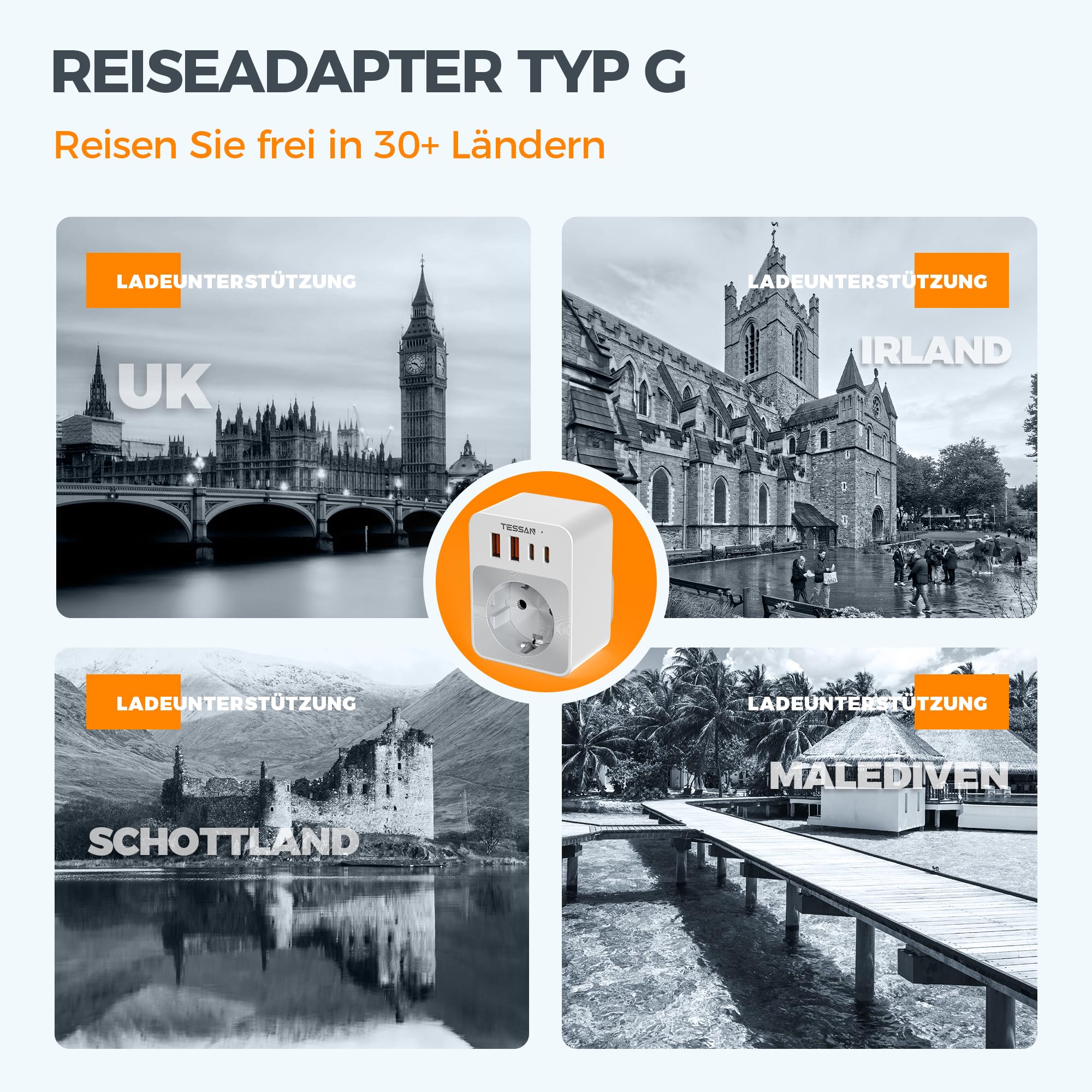 TESSAN Adapter England Deutschland Stecker, Faltbar 5 in 1 Reiseadapter Typ G mit 2 USB C und 2 USB A, Kleines klappbares Design, Steckdosenadapter für London Malta Irland Dubai, UK Adapter auf EU