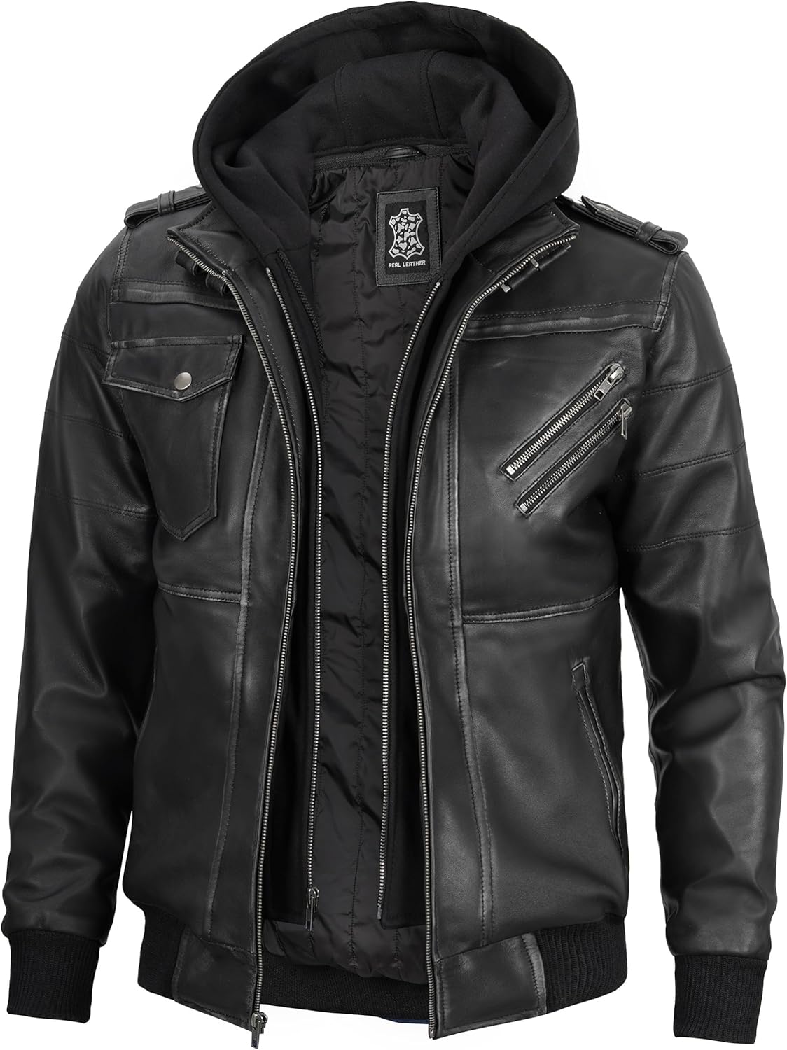 Decrum Mens Leather Jacket - Detachable Hood Stylish Real Lambskin Leather Bomber Jacket Men