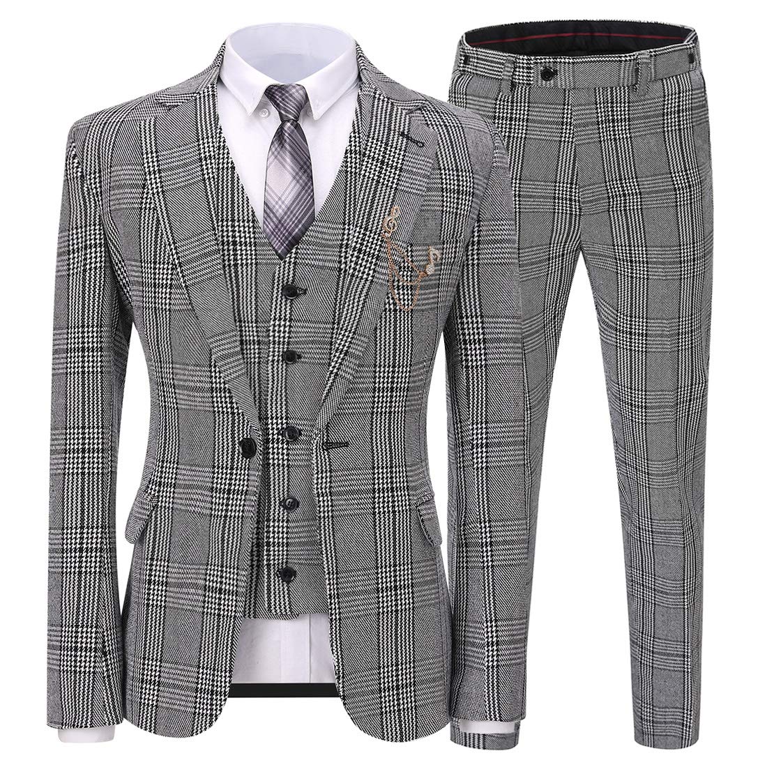 Solove-SuitMen's 3 Pieces Formal Solid Mens Suit Slim Fit Plaid Tuxedos for Wedding Groomsmen(Blazer+Vest+Pant)