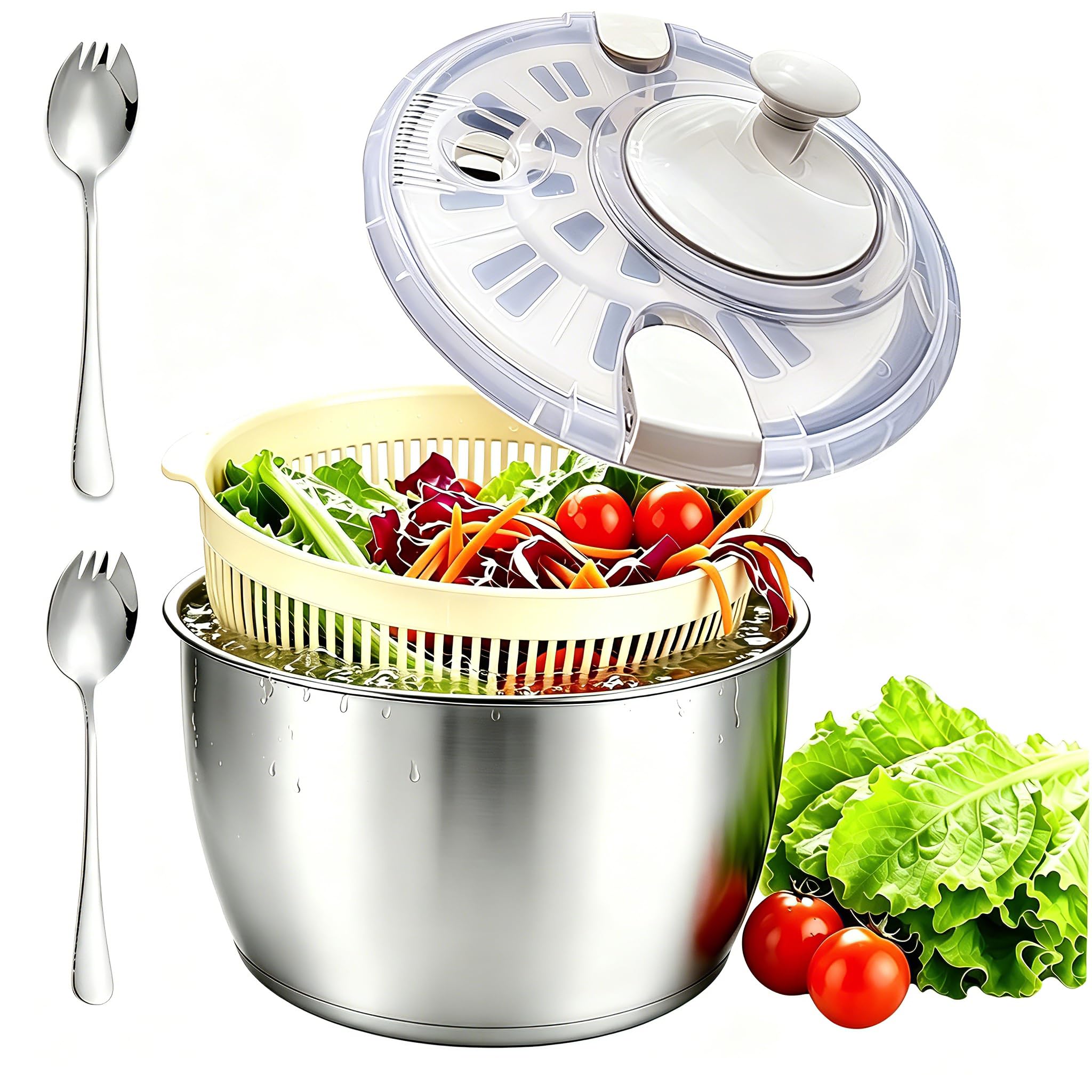 5L Salatschleuder Edelstahl Groß, 2 In 1 Hochwertige 304 Salad Spinner mit Deckel, Salatschleudern Kurbelantrieb mit Rutschfestem Boden & Wasserauslass, Salat Trockner für Frische Salate & GemüSe