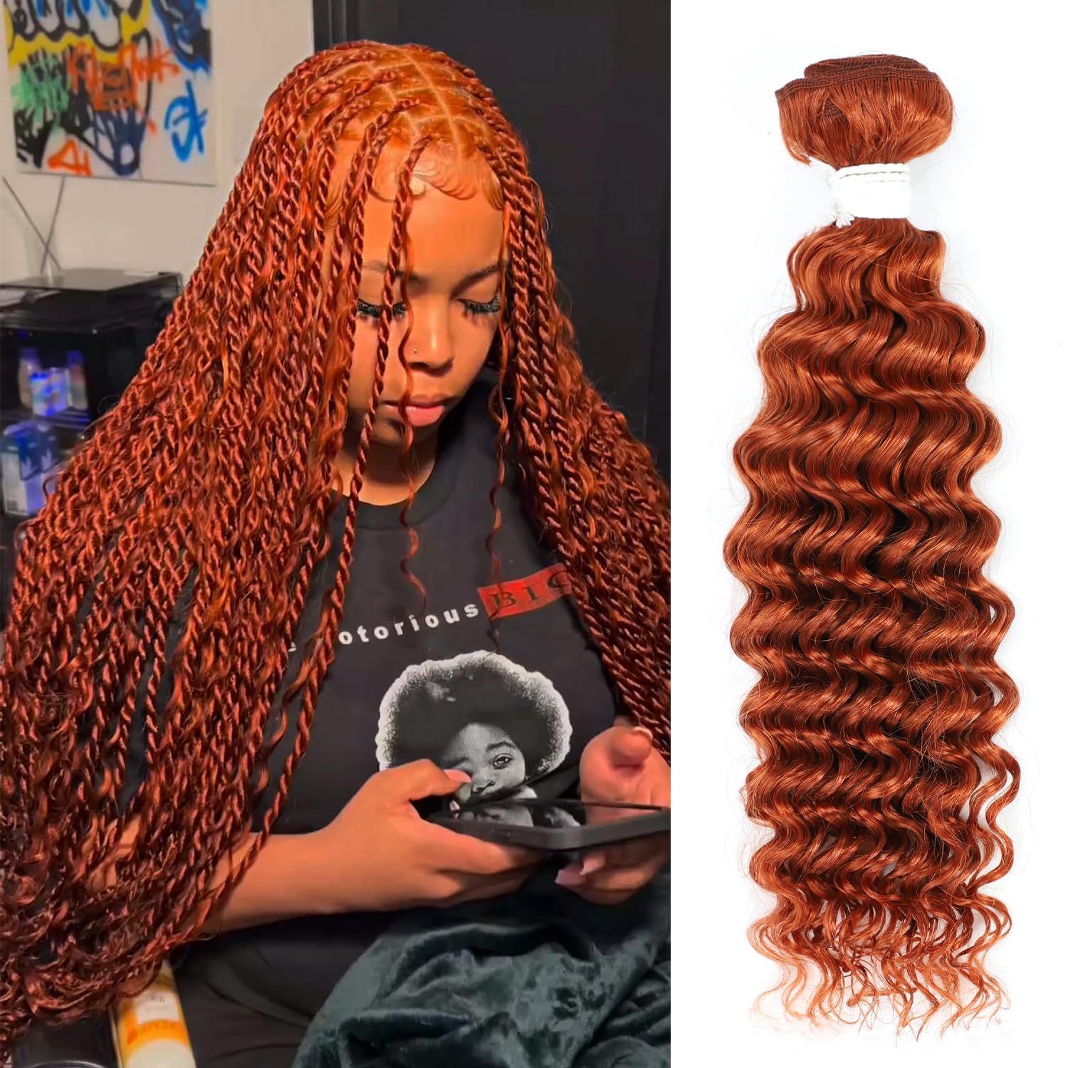Human Hair for Braiding Deep Wave Bulk Double Weft 95g Ginger Orange Bundles 18 Inch Brazilian Virgin Human Hair Curly Wave Hair Extension for Boho