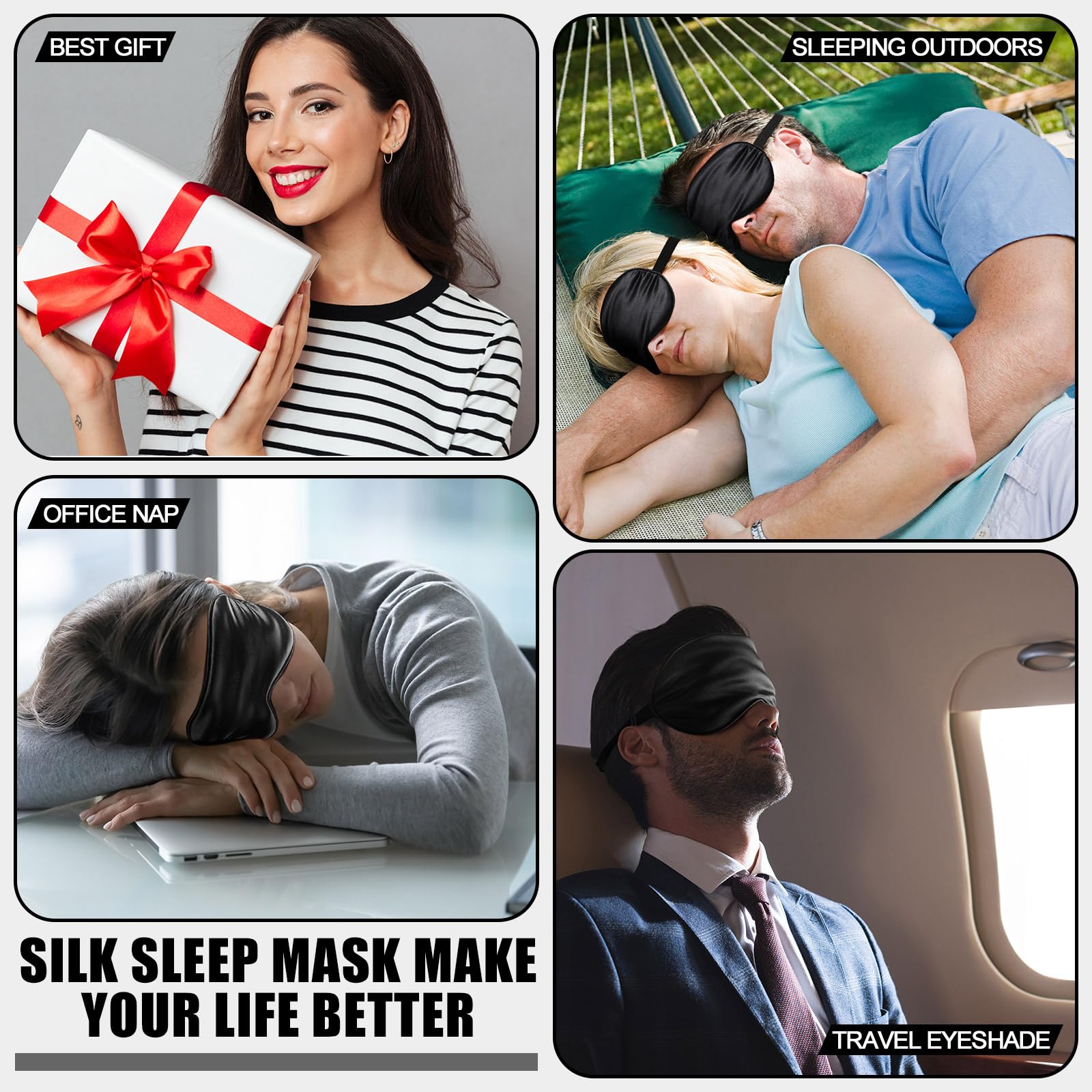 Xtinmee 30 antifaz de seda para dormir, antifaz de seda con correa ajustable, máscara de ojos para dormir, cubierta de ojos para mujeres y hombres, viajes (negro)