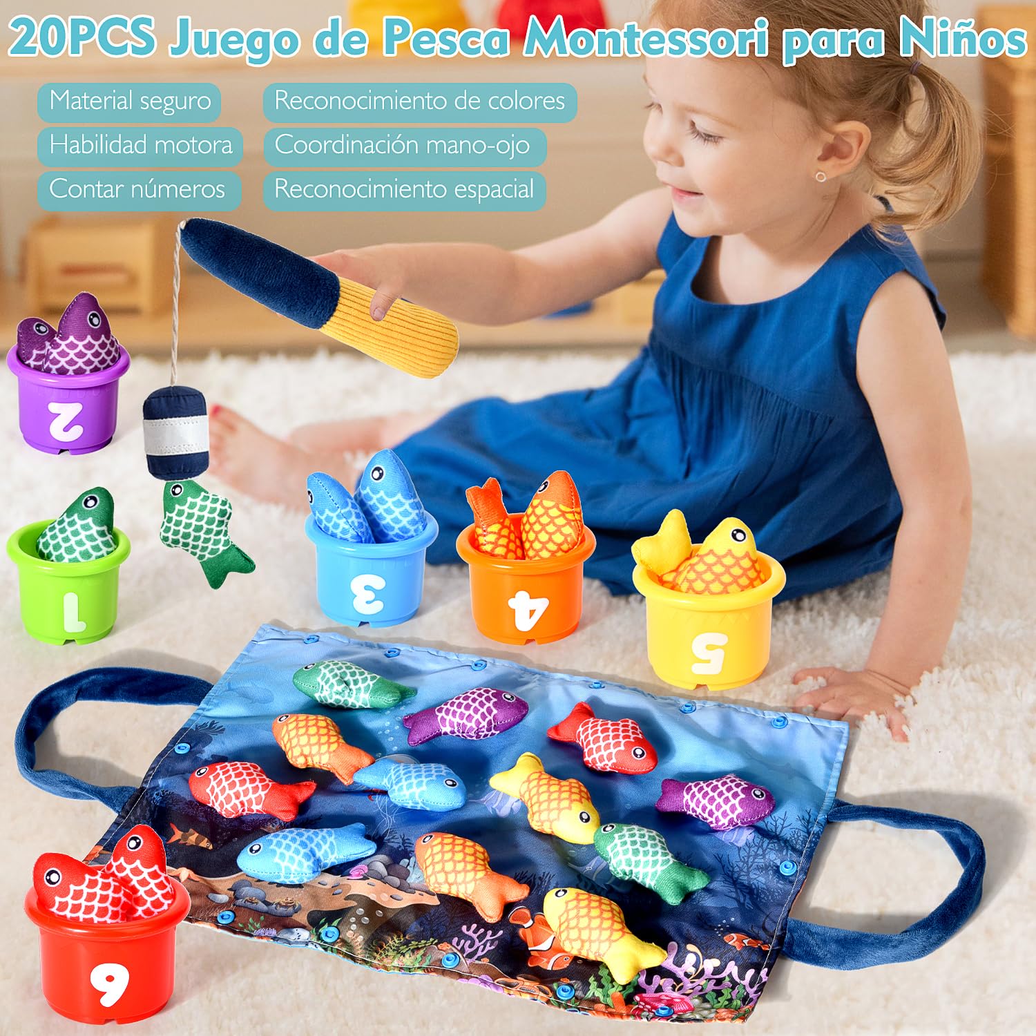 Juguetes Niños 1 Año Montessori, 20 Piezas Juego Pesca de Tela con Taza Apilables, Almacén Bolsa, Educativos Juguetes Bebes 6-12 Meses, Regalo Bebe 1 2 Año