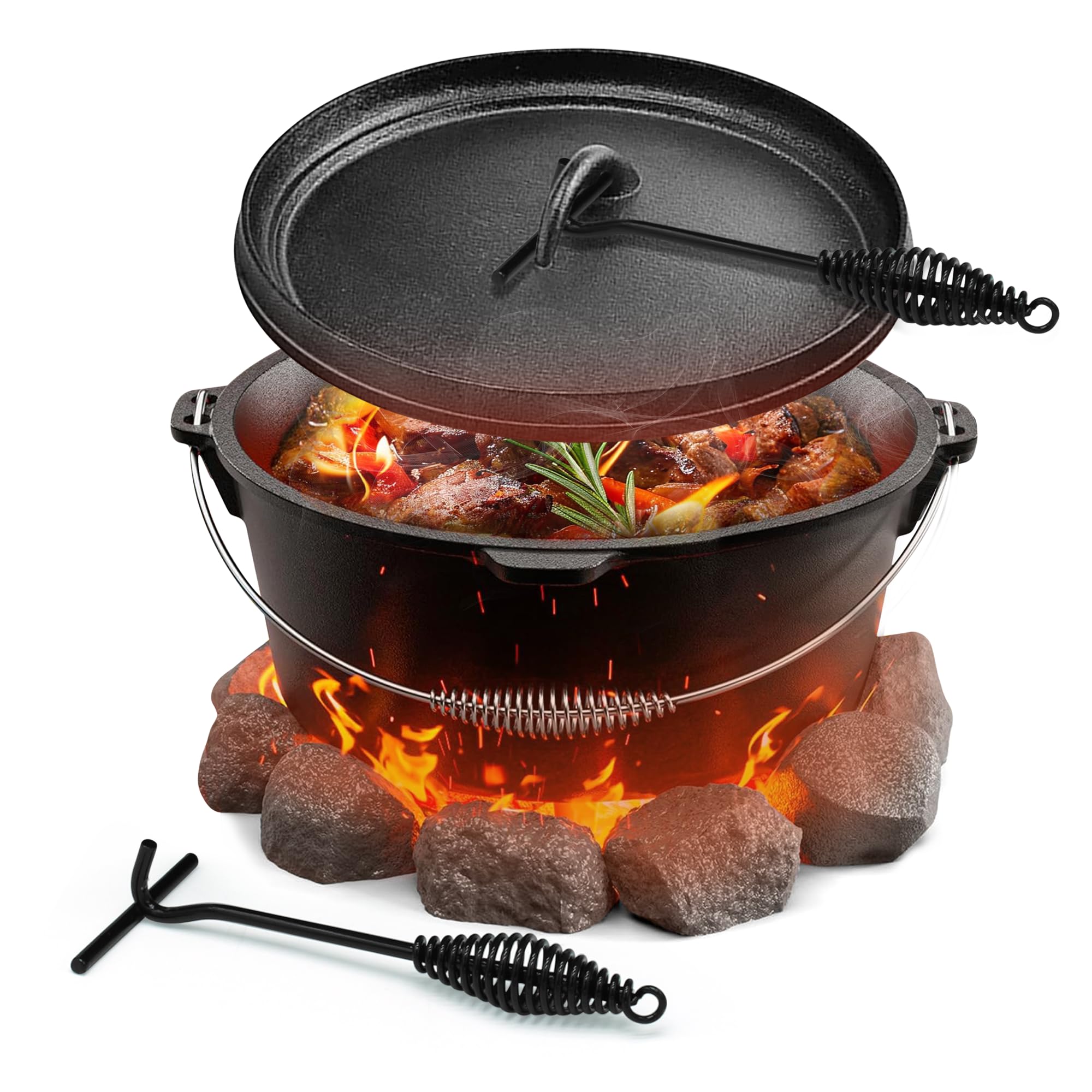 Dutch Oven Set BBQ 7,5 Liter, Feuertopf Schmortopf mit Edelstahluntersetzer, Gusseisen Topf mit Deckelheber Henkel und Schlitz für Themormeter, Grilltopf für Oudoor & Indoor,schwarz
