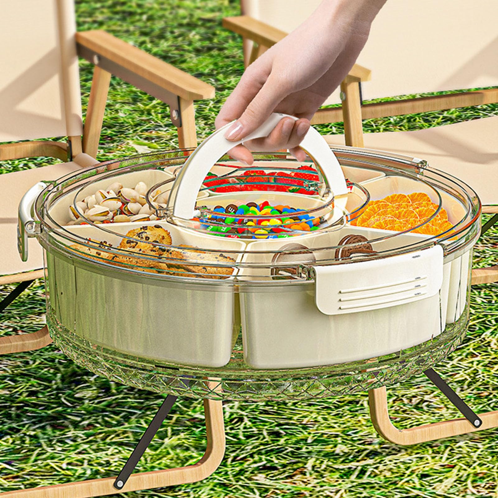 Bandeja para servir giratoria dividida con tapa y asa, caja de aperitivos giratoria de 360 ​​grados con 6 compartimentos para frutas y aperitivos