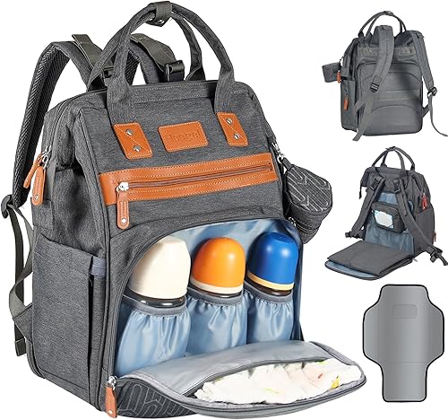 Miniatura 8 de Heegel Mochila multifuncional impermeable para pañales - Bolsa de pañales de gran capacidad con mochila para pañales de bebé, Gris, Ocio