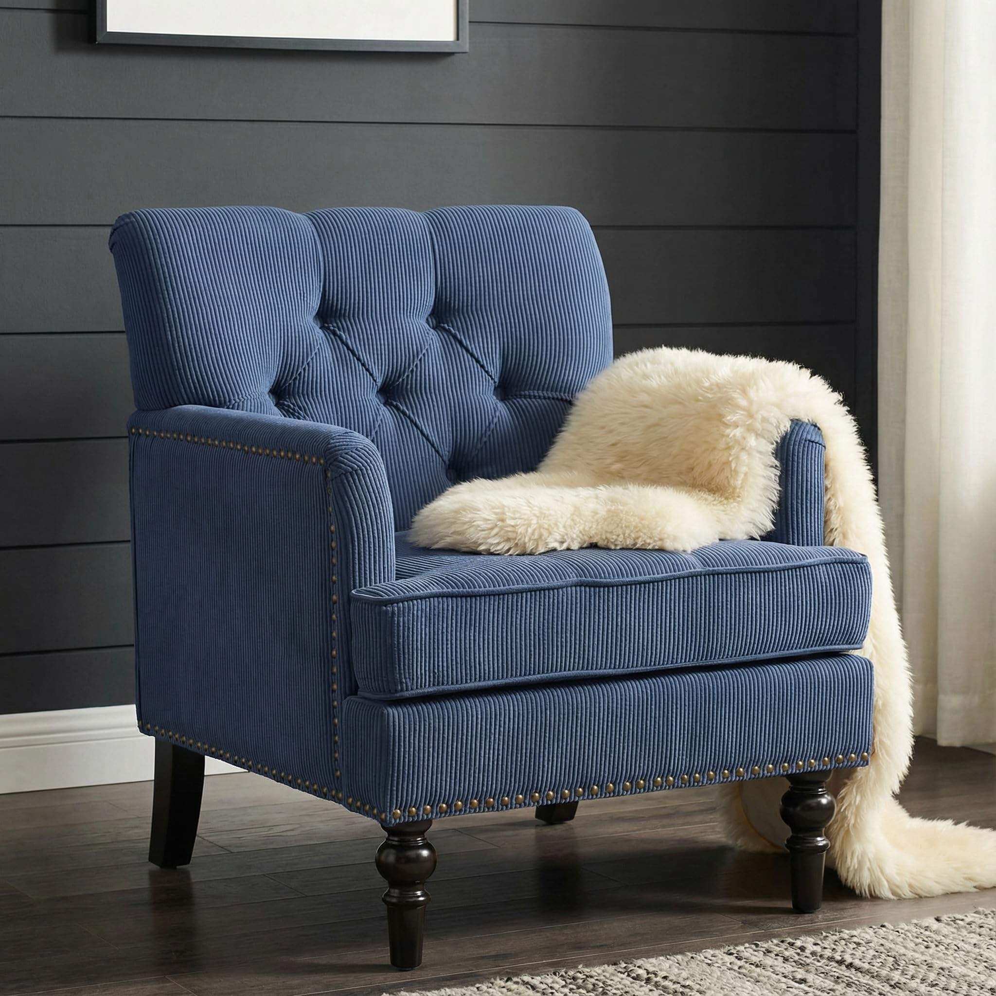 Trygoal Tufted Club Chair, Accent Chair Upholstered Button Armchair with Lumbar Pillow, Linen Fabric Sofa Chairs for Bedroom Living Room, Mid Century