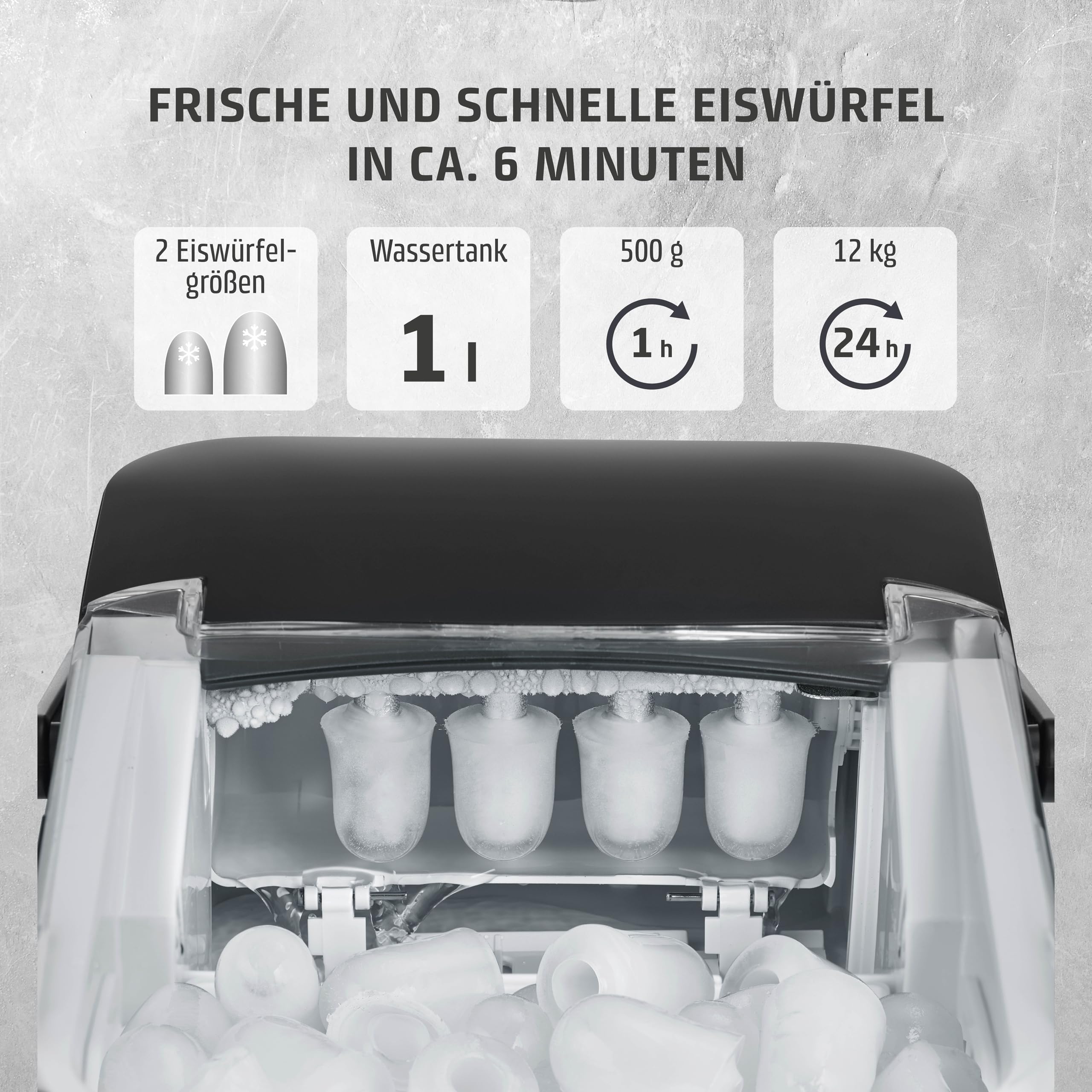 Caso IceChef Compact- Eiswürfelmaschine, schnelle Eiswürfel, Produziert 500g in 1h bzw. 12 kg in 24 h, 1 l Wassertank, Selbstreinigungsfunktion, Eiswürfelbereiter mit Tragegriff, inkl. Eisschaufel