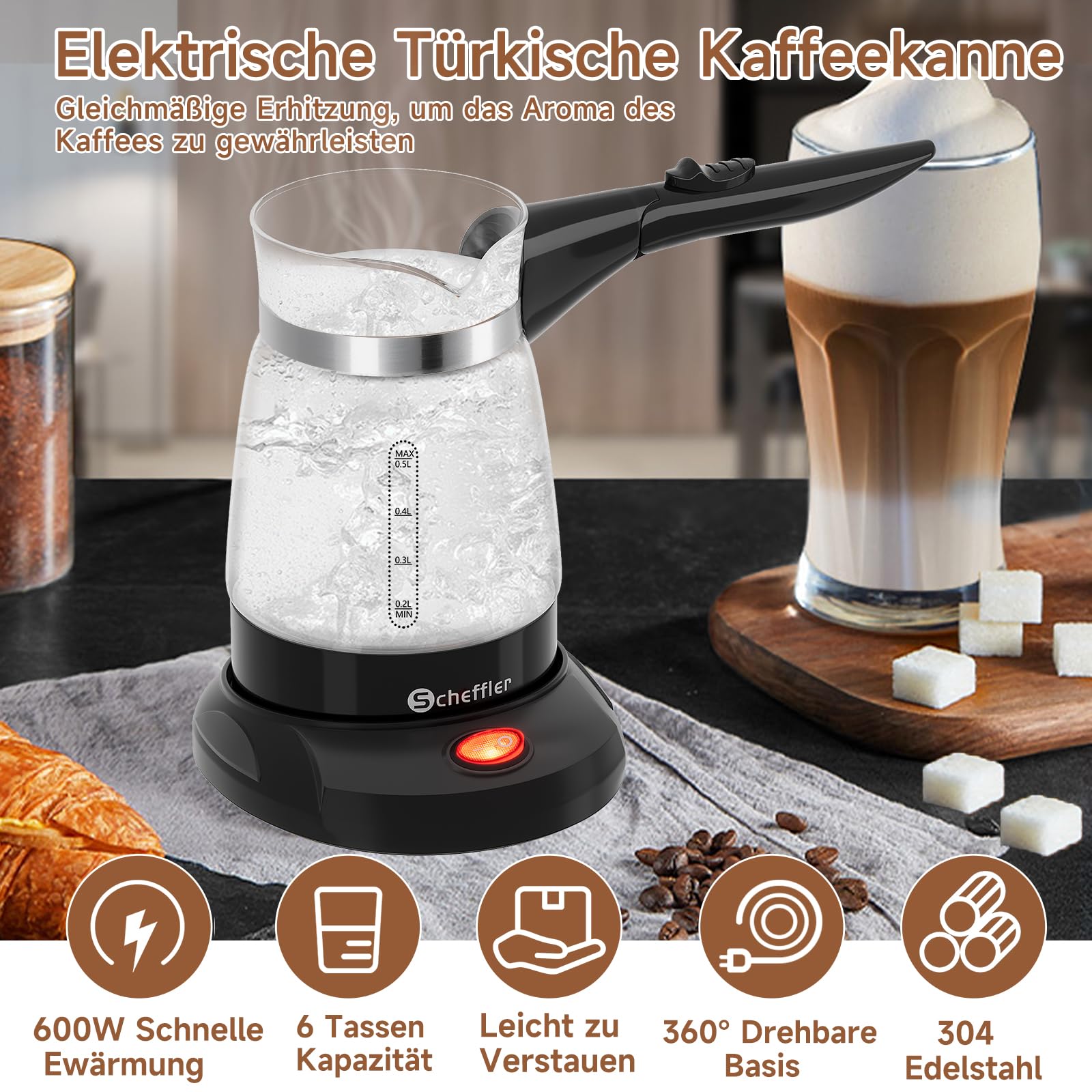 SCHEFFLER Turecki ekspres do kawy, elektryczny zaparzacz do kawy 500 ml, mokka, dzbanek do kawy, indukcyjny z zabezpieczeniem przed przegrzaniem, stal nierdzewna 304, szkło, Turkish Coffee Maker do