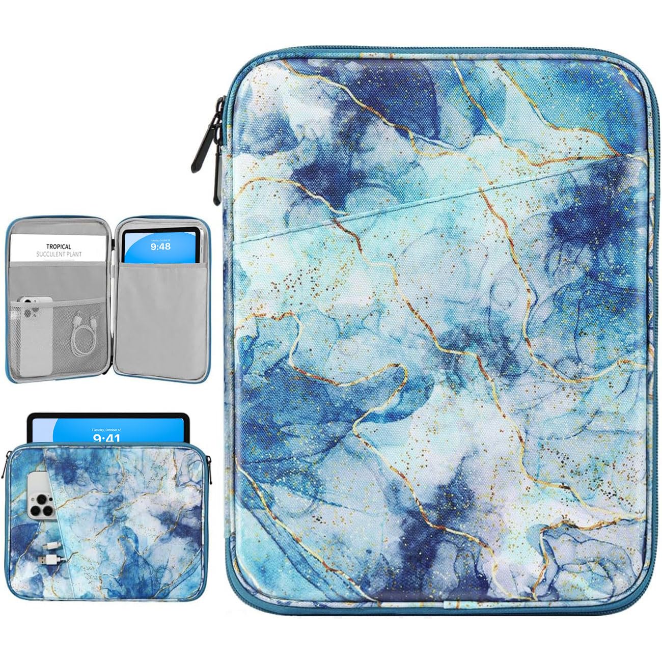 Dadanism 9-11" Custodia Protettiva Borsa Tablet Per iPad (A16) 11", iPad Air 11" M4/M3, iPad Pro 11" M5/M4, iPad 10a Gen/Air 5 10,9", iPad 9/8/7a Gen 10,2", Galaxy Tab A11+ 11", Tab M11 11",Marmo Blu