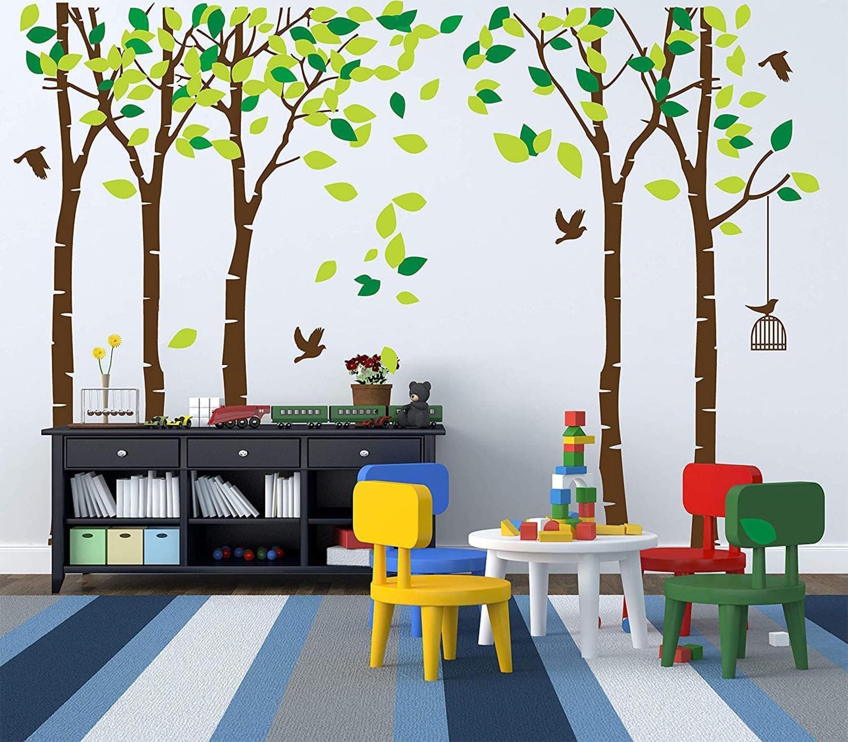 AIYANG Birch Tree Wall Decal Nursery Forest Tree Wall Stickers Removable Animals Branches Wall Art Kids Room Nursery Bedroom Living Room Decoration (Brown,Green)