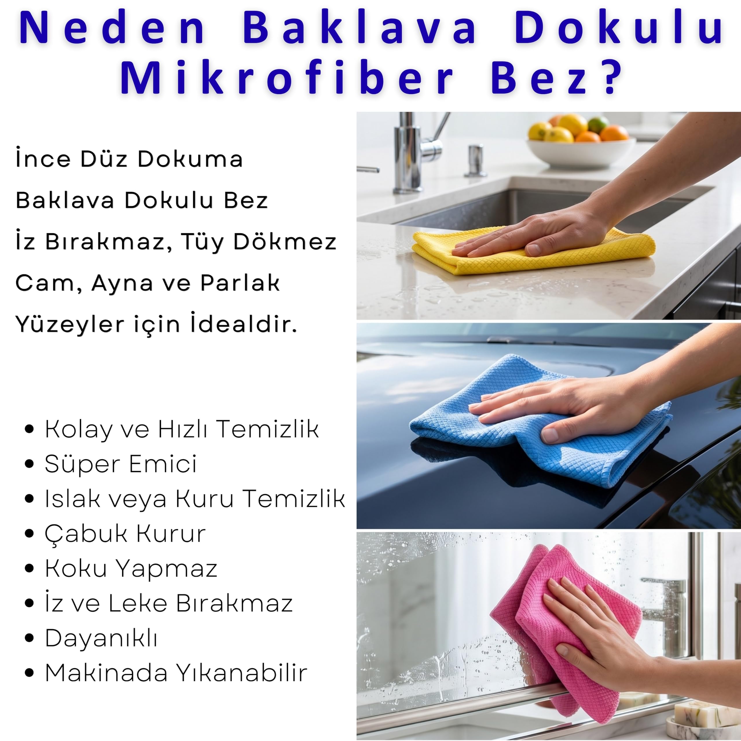 CAQA HOME Sihirli Temizlik ve Kurulama Bezi, 5-Adet Karışık Renk Premium Baklava Mikrofiber Bez Seti 40x40 cm, İz Tüy Leke Bırakmaz Emici Koku Yapmaz Çabuk Kuruyan Cam Hassas ve Genel Temizlik Bezi