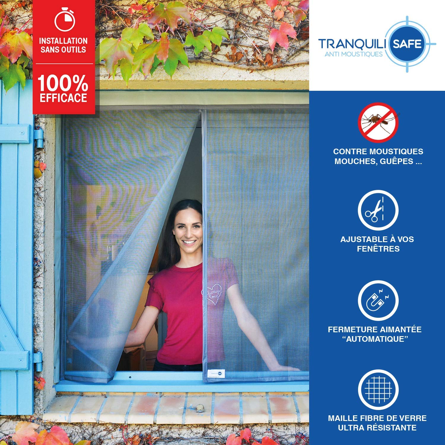 TRANQUILISAFE Moustiquaire Fenêtre Magnétique - Moustiquaire Fenêtre Aimantée - Protection Anti Moustique & Filet Anti Insecte – Kit Moustiquaire Fenêtre (L 100/116 cm - H 115/123 cm)