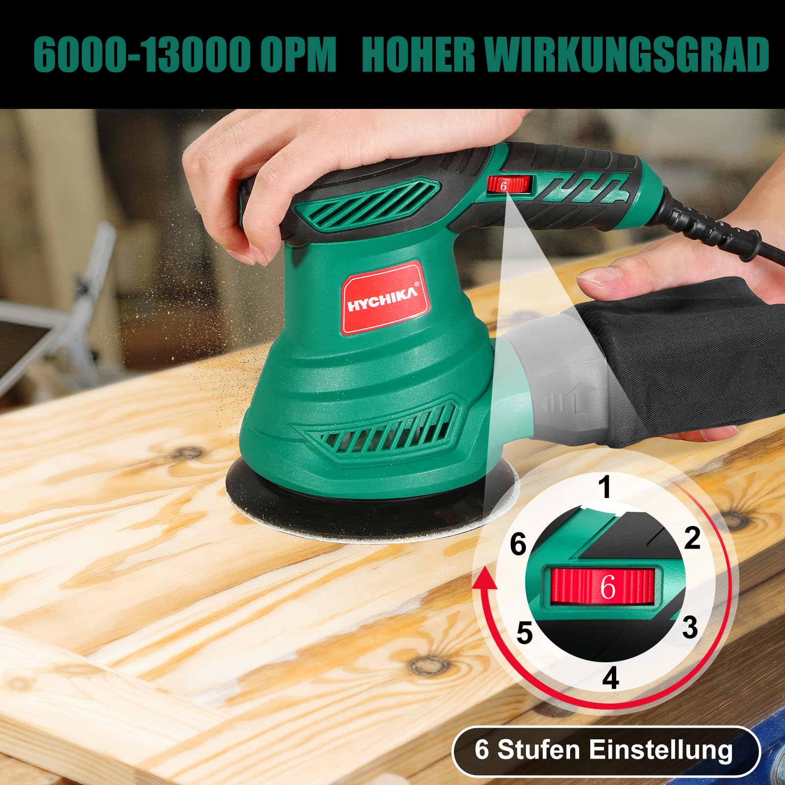 HYCHIKA Exzenterschleifer, 300W Schleifmaschine mit Absaugung für Holz, 6 Geschwindigkeiten 6000-13000 U/min, mit 12pcs Schleifpapier 125mm klett, Staubfangbehälter