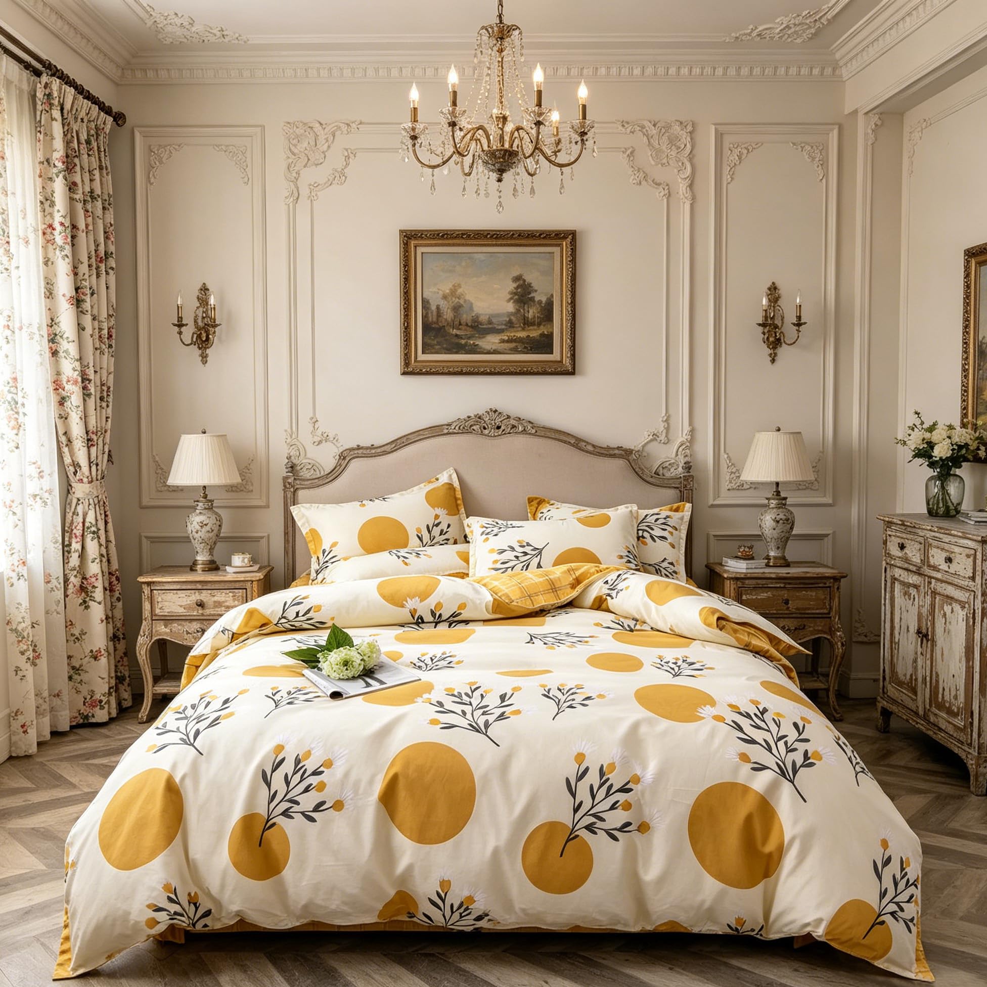 Parure de couette jaune pour chambre lumineuse et cocooning au motif floral